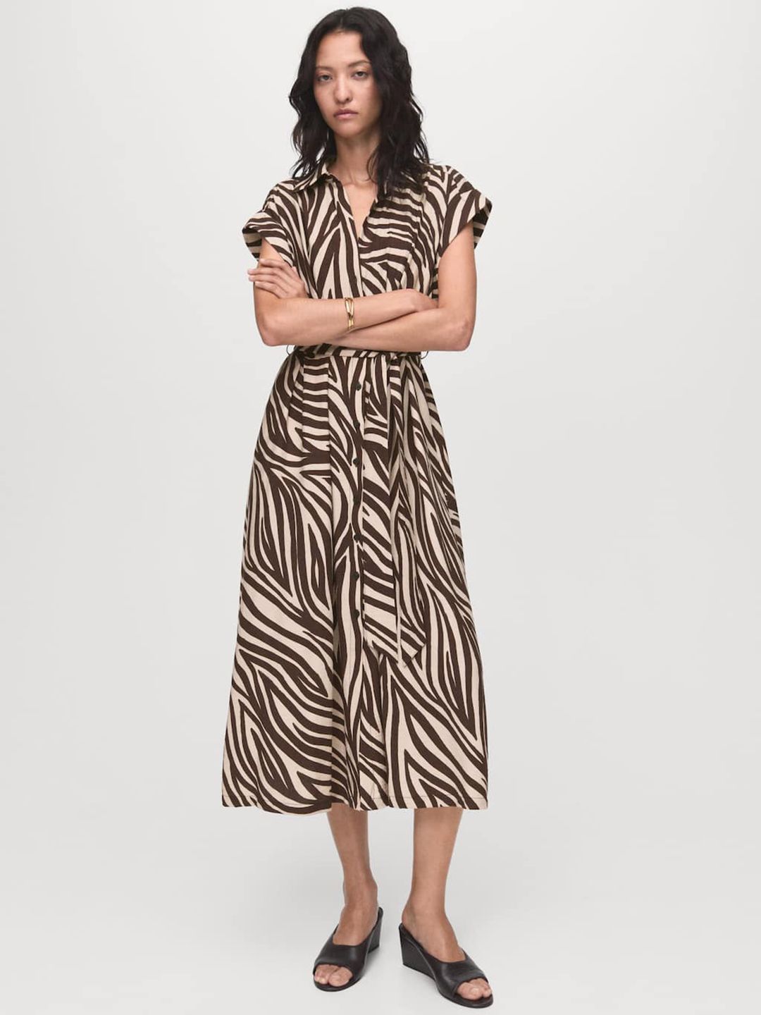 Zebra Print Belted Shirt Midi Dress
