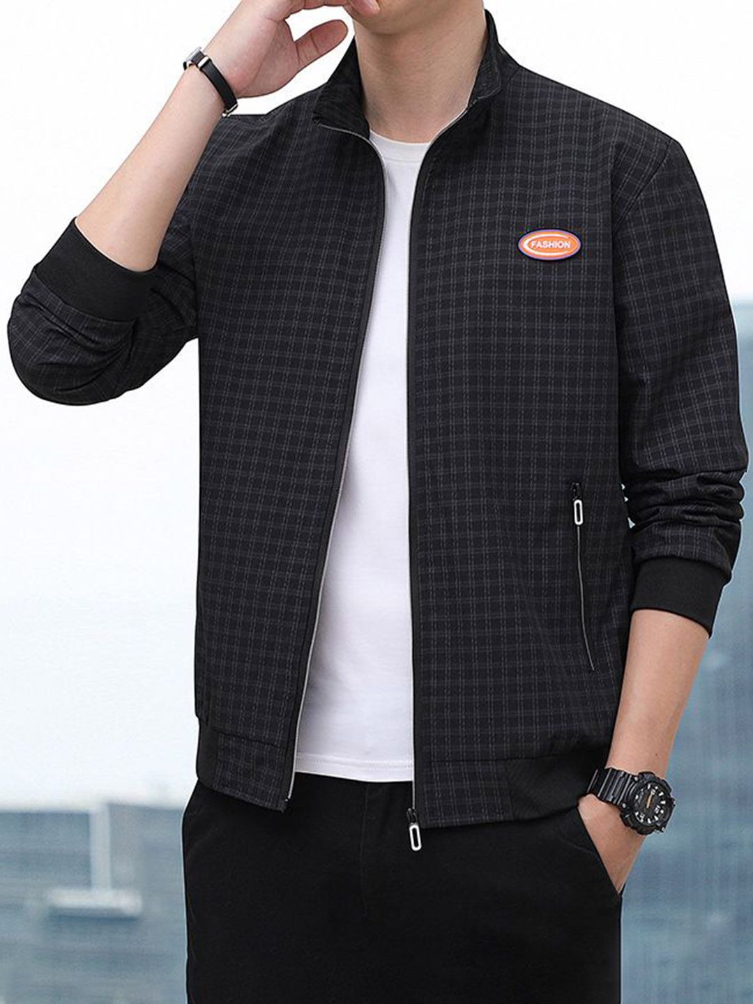StyleCast x Revolte Men Stand Collar Checked Tailored Jacket
