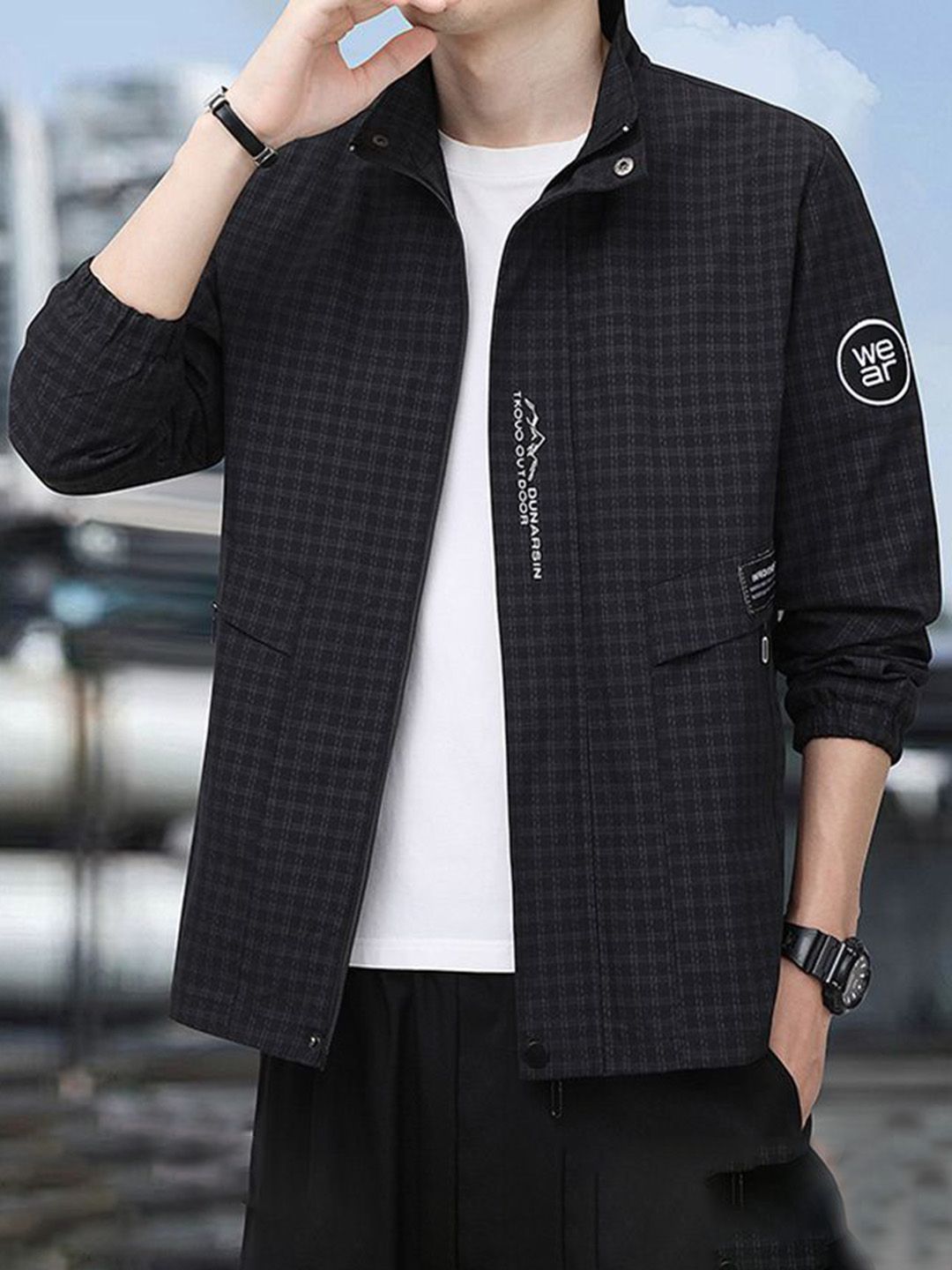StyleCast x Revolte Men Stand Collar Checked Tailored Jacket
