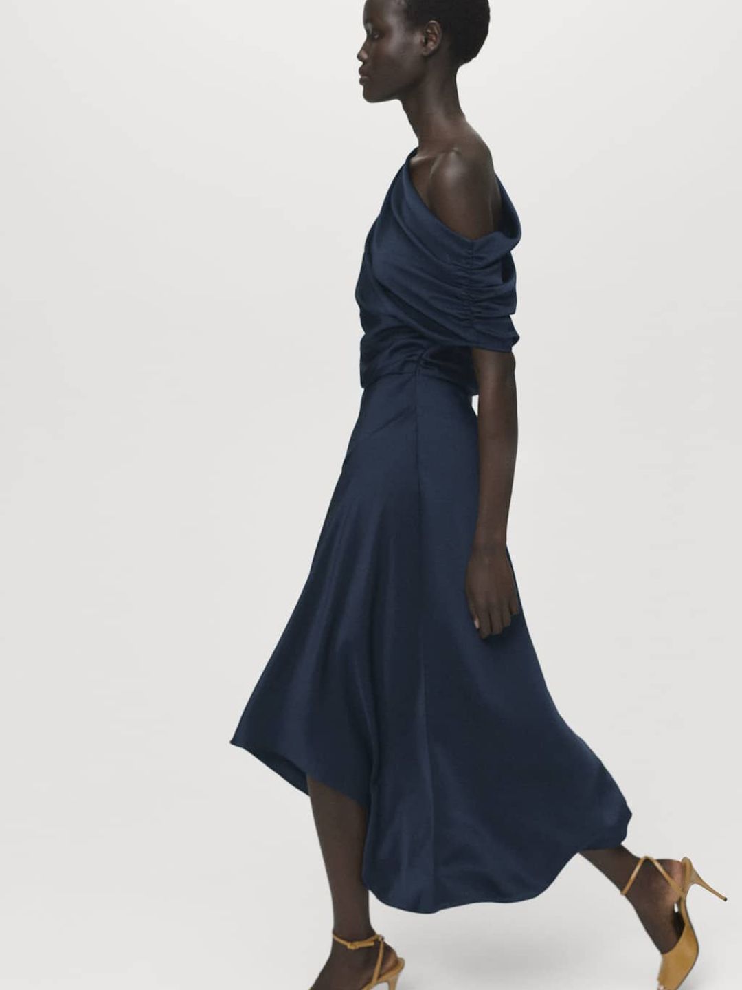 One Shoulder PU Coated Satin A-Line Maxi Dress with Asymmetric Hem