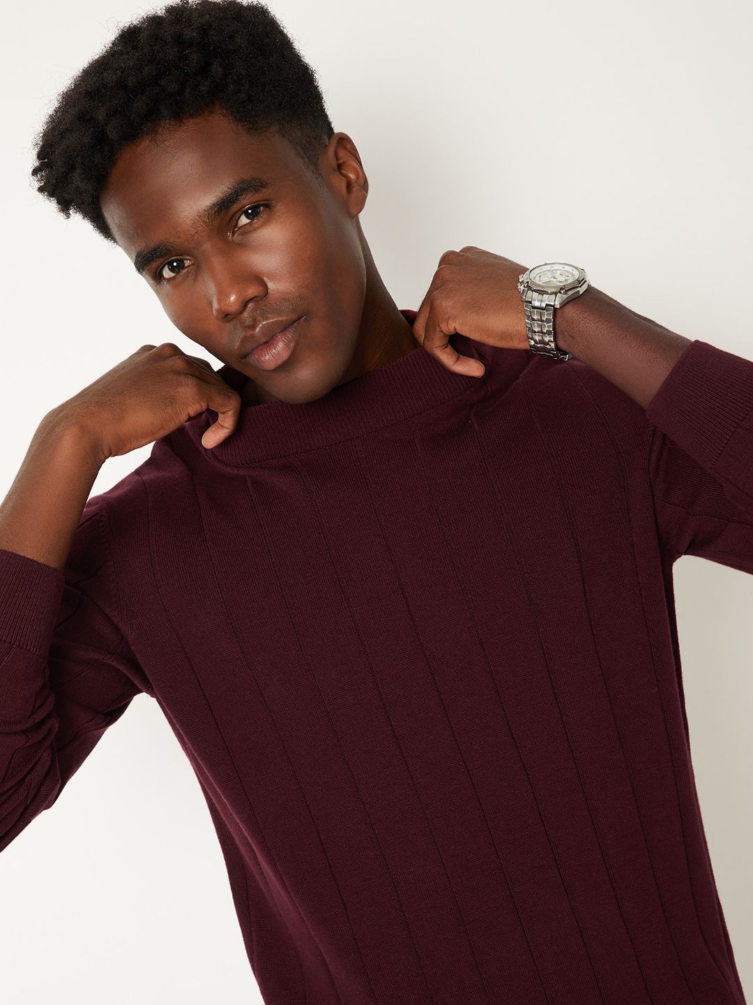 max Men Ribbed High Neck Pullover Sweaters