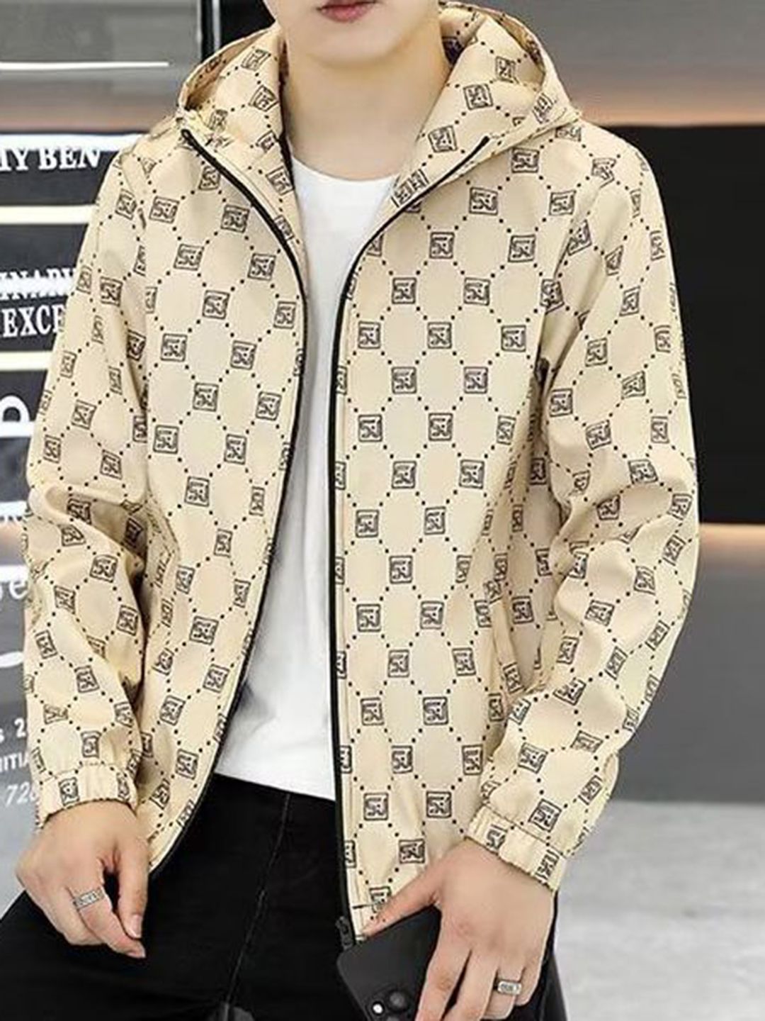 StyleCast x Revolte Men Hooded Geometric Printed Windcheater Tailored Jacket