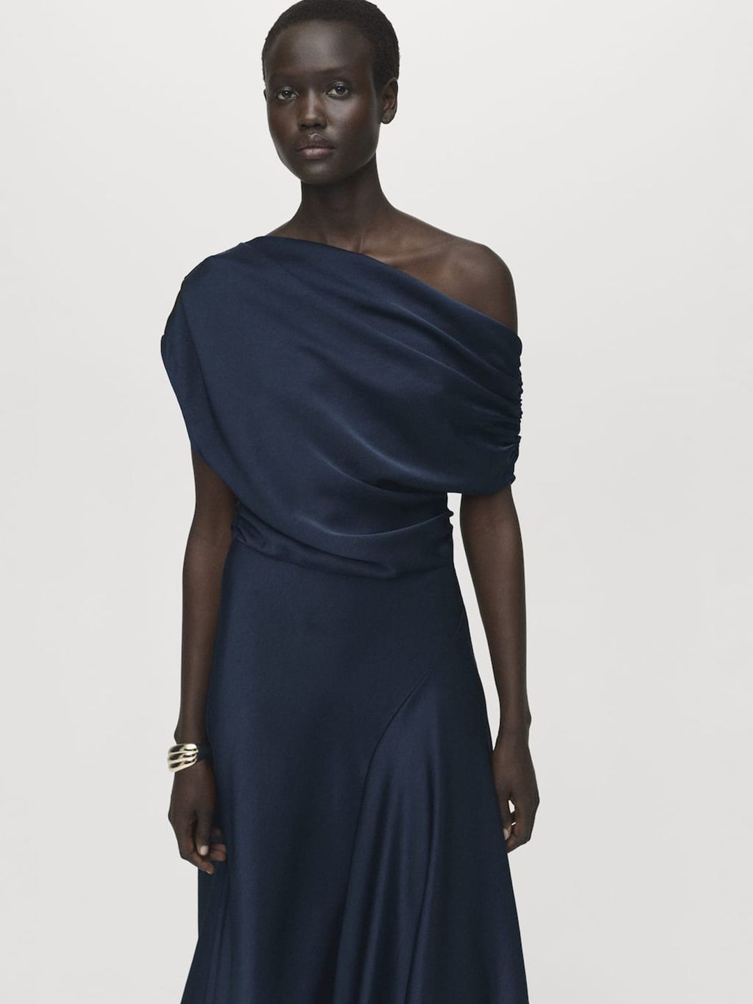 One Shoulder PU Coated Satin A-Line Maxi Dress with Asymmetric Hem