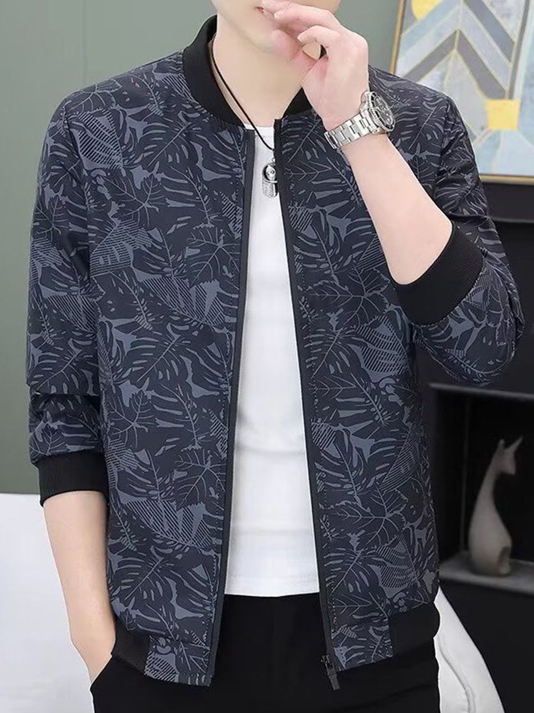 StyleCast x Revolte Men Mock Collar Floral Printed Windcheater Tailored Jacket