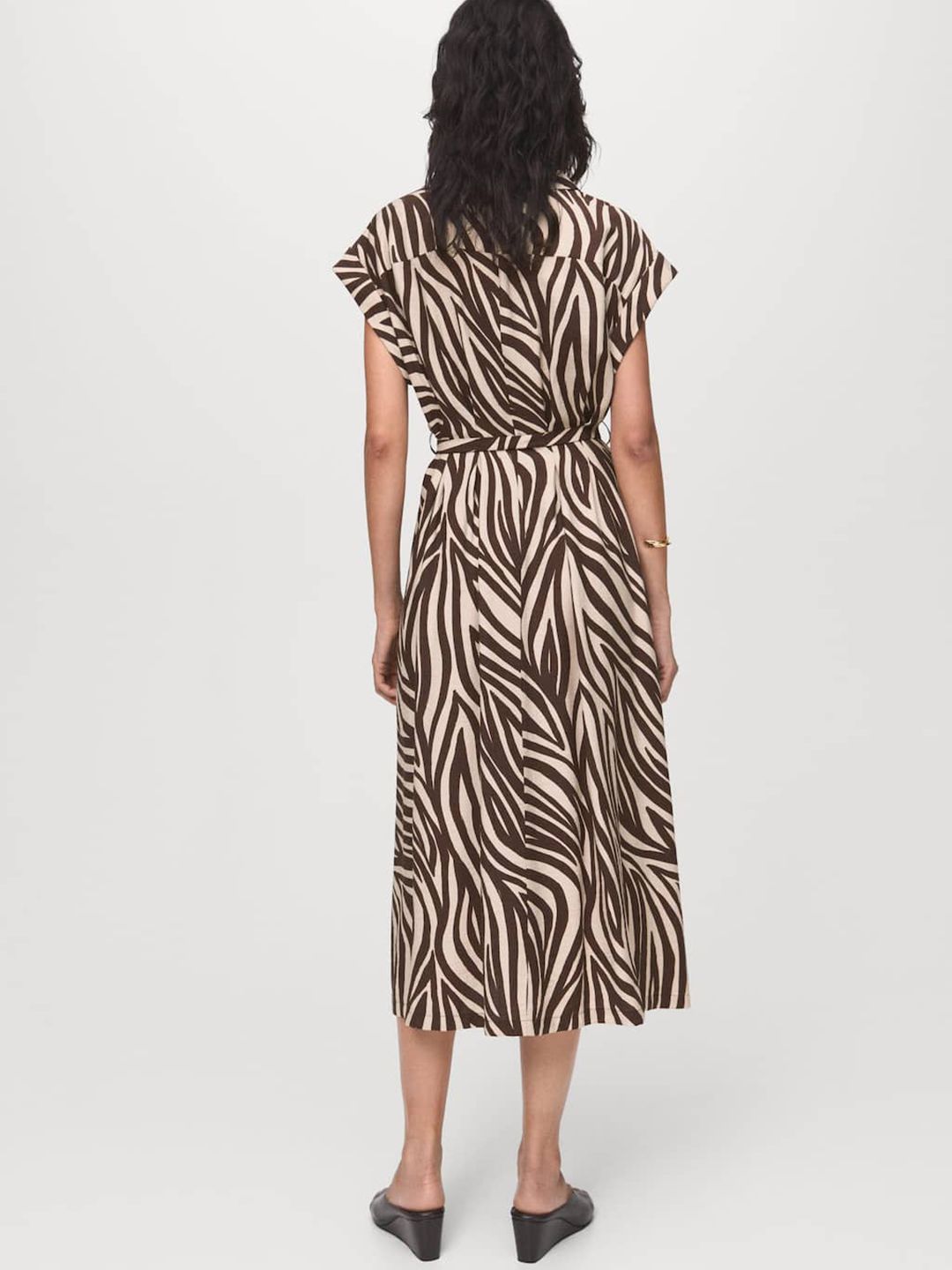 Zebra Print Belted Shirt Midi Dress
