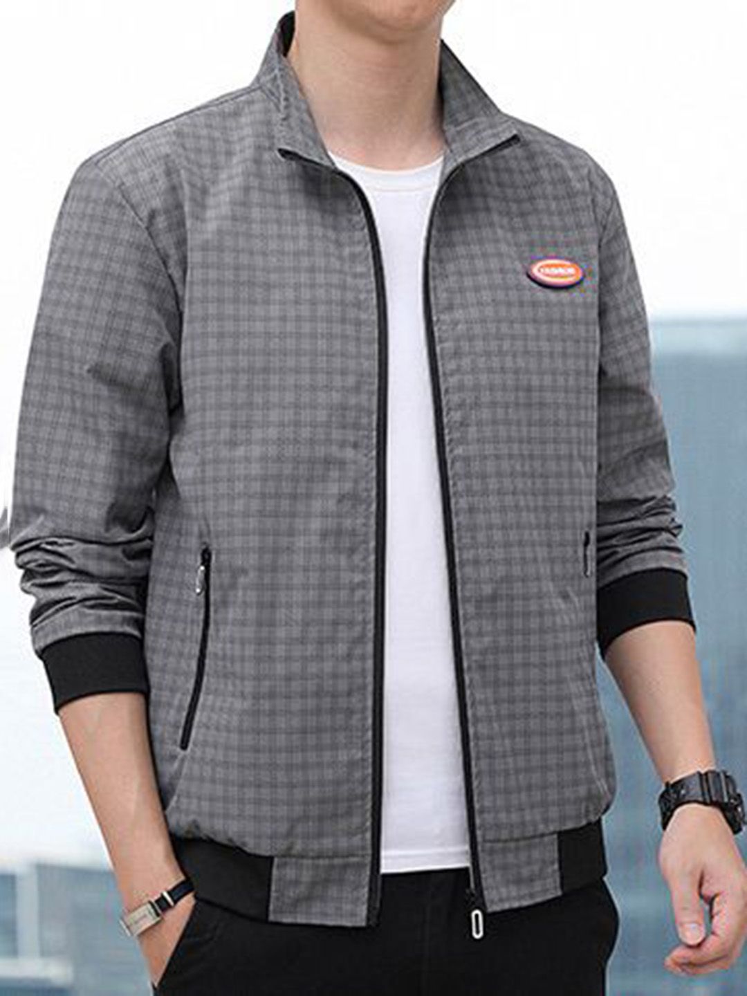 StyleCast x Revolte Men Stand Collar Checked Tailored Jacket