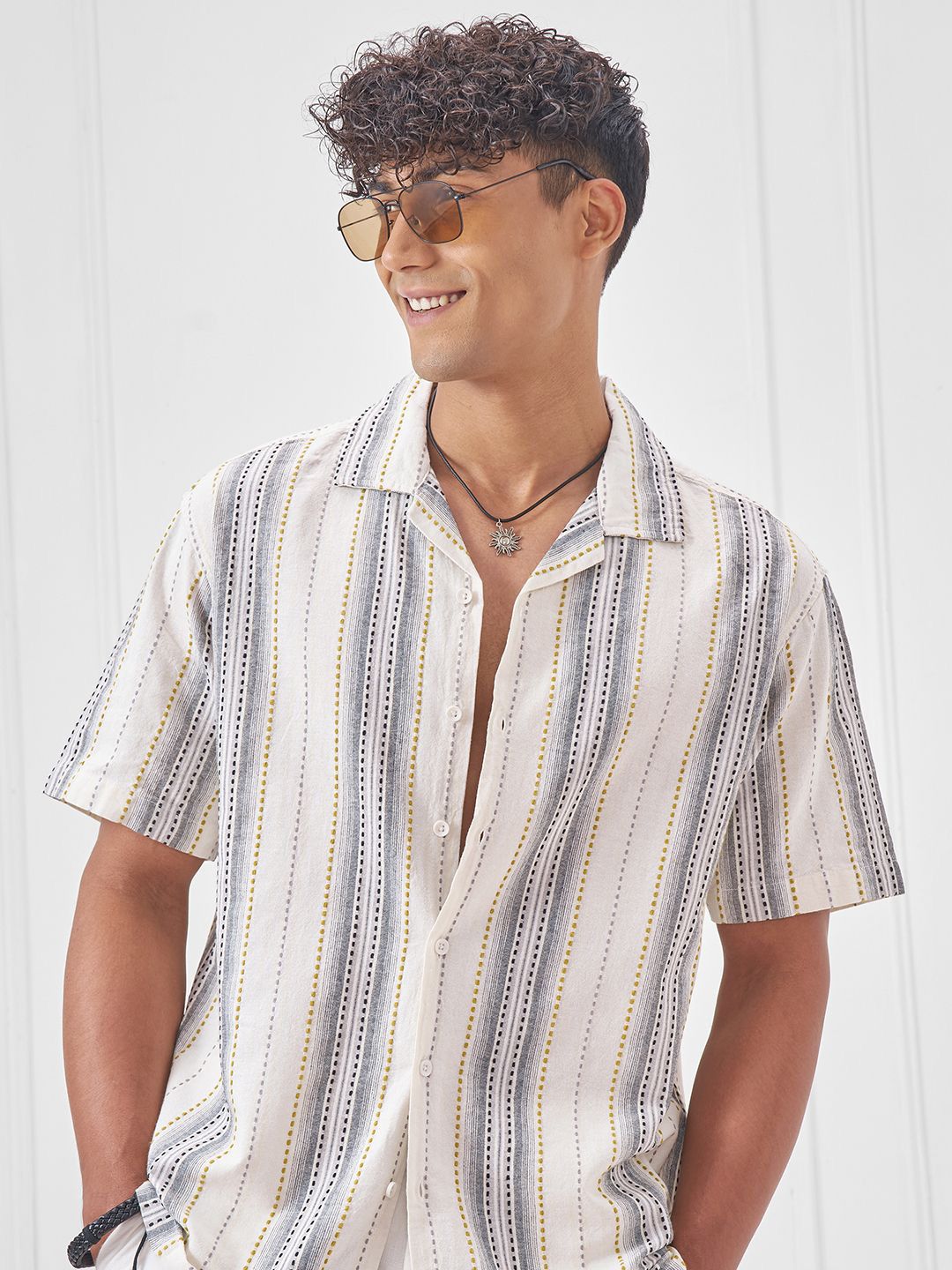 HIGHLANDER Men Relaxed Fit Vertical Striped Cuban Collar Cotton Casual Shirt