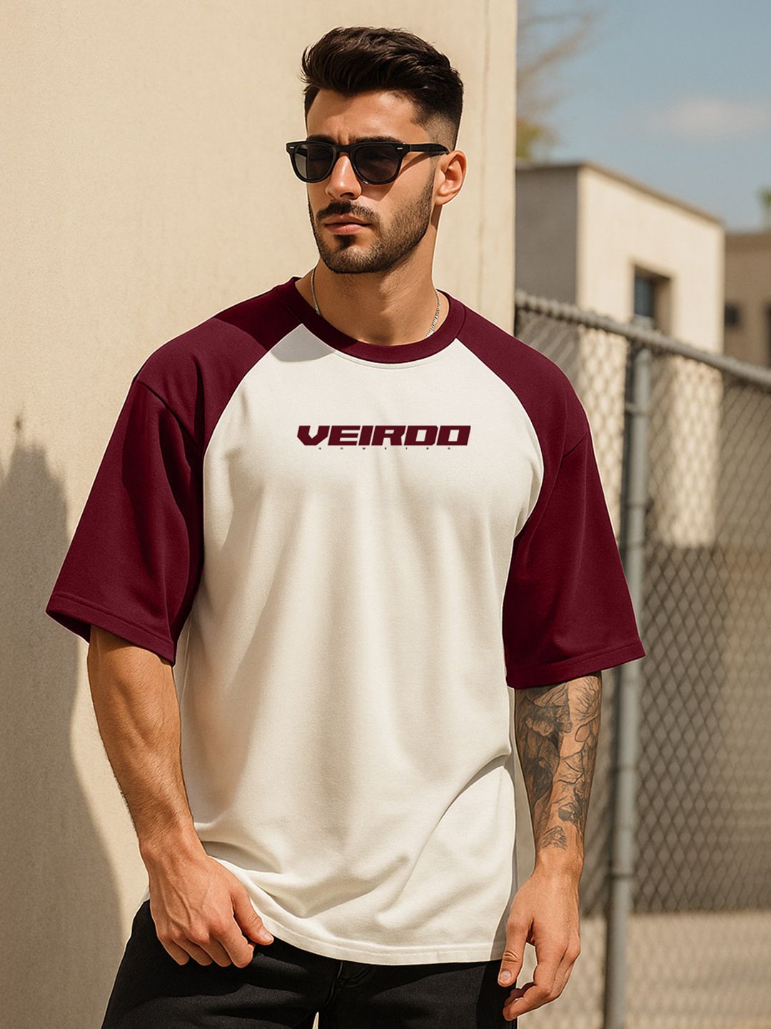 VEIRDO Men Typography Printed Raglan Sleeves Oversized Pure Cotton T-shirt