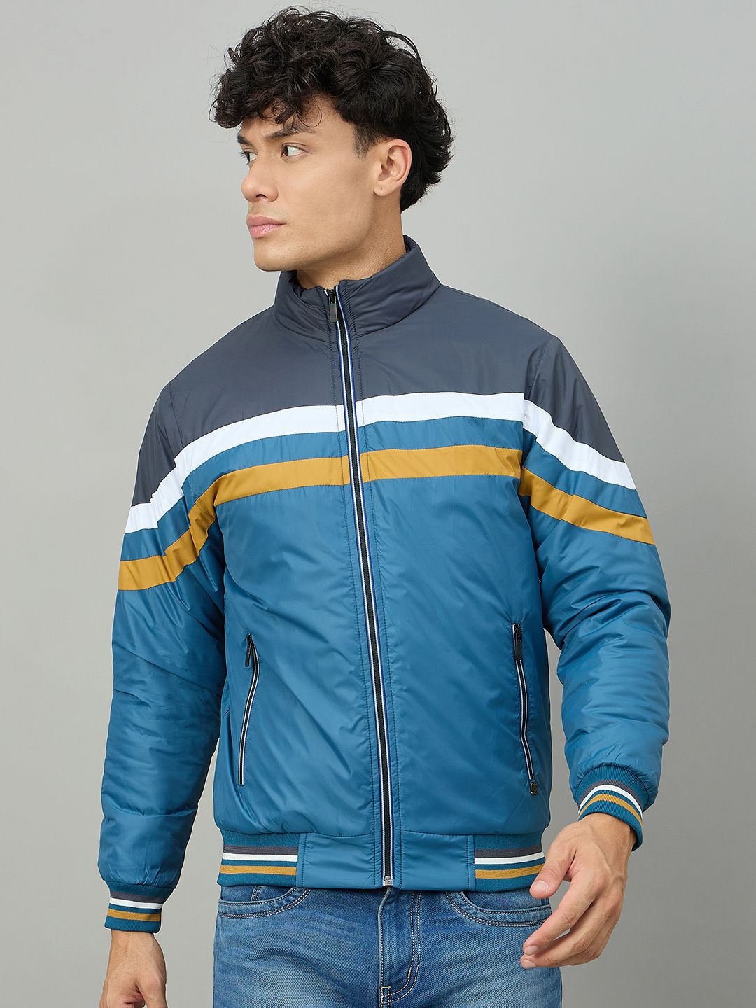 Duke Men Mock Collar Striped Bomber Jacket