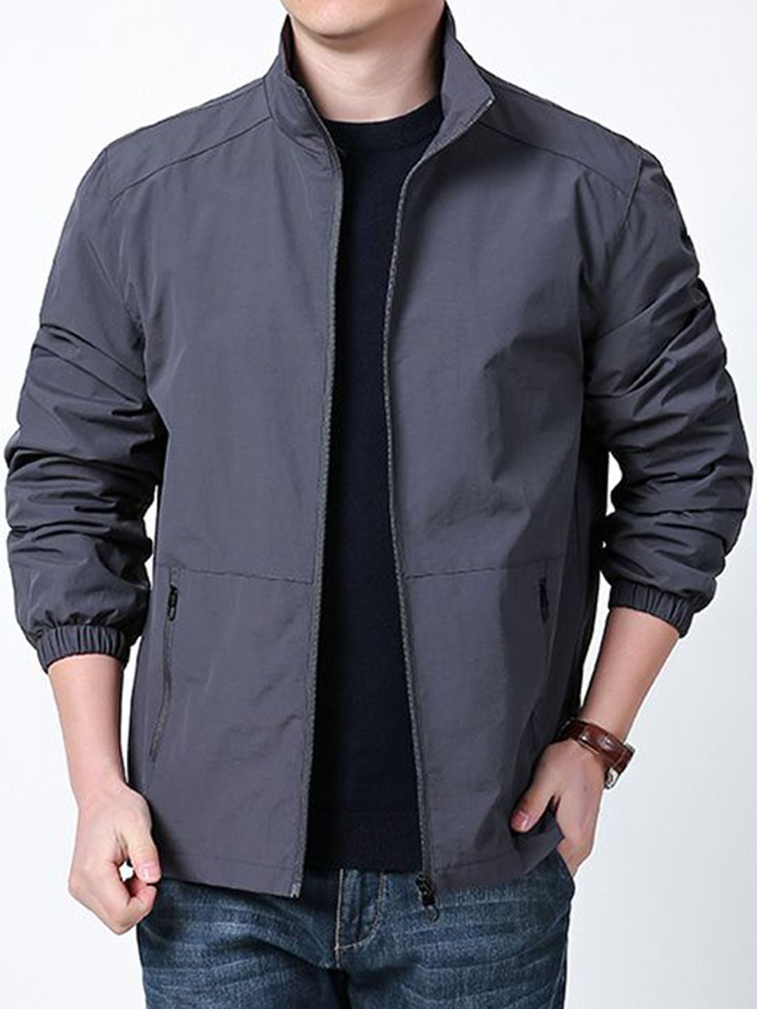 Buy StyleCast x Revolte Men Stand Collar Solid Windcheater