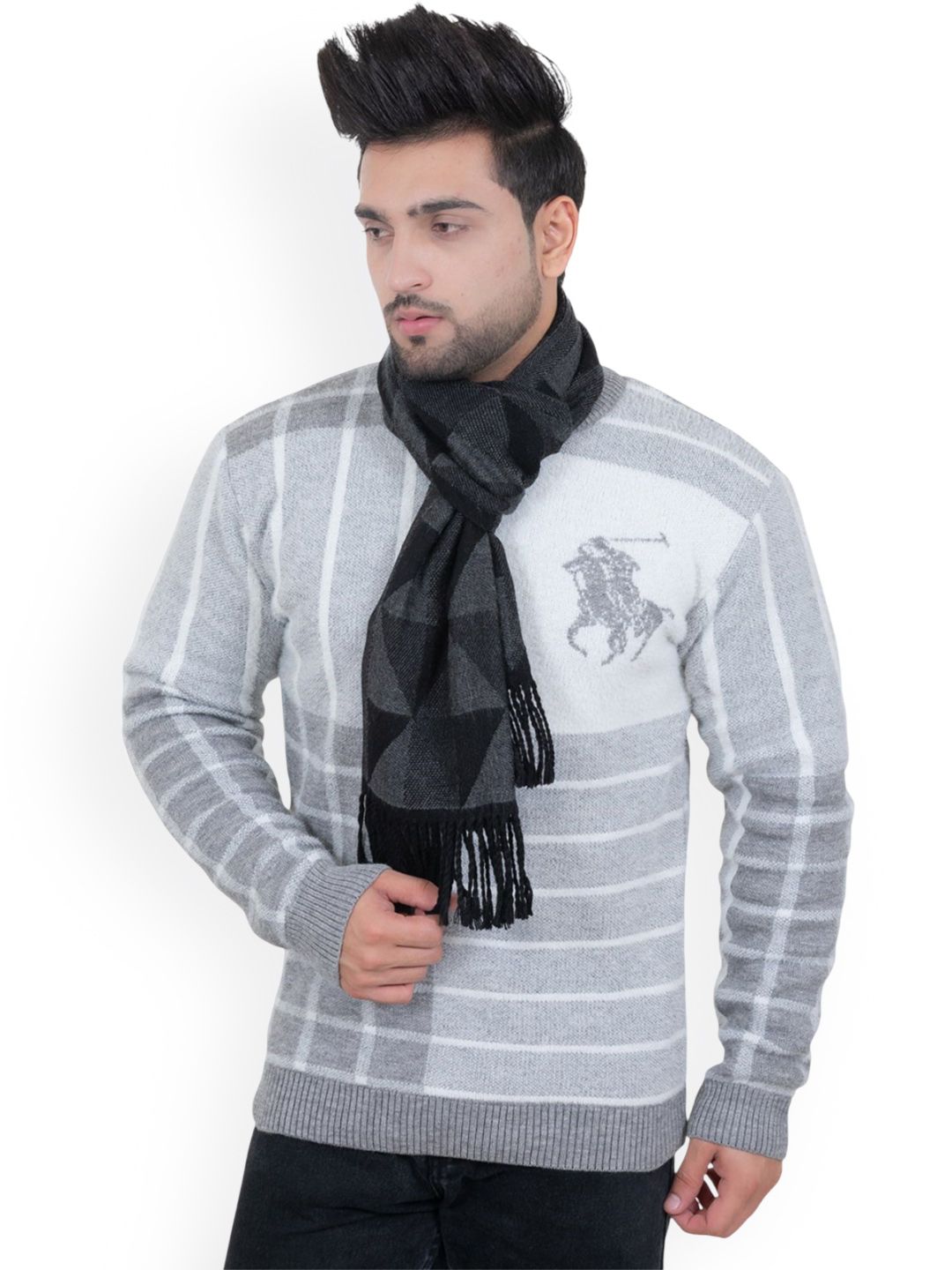Amoldo Men Geometric Printed Woolen Soft Mufflers With Tasselled Border