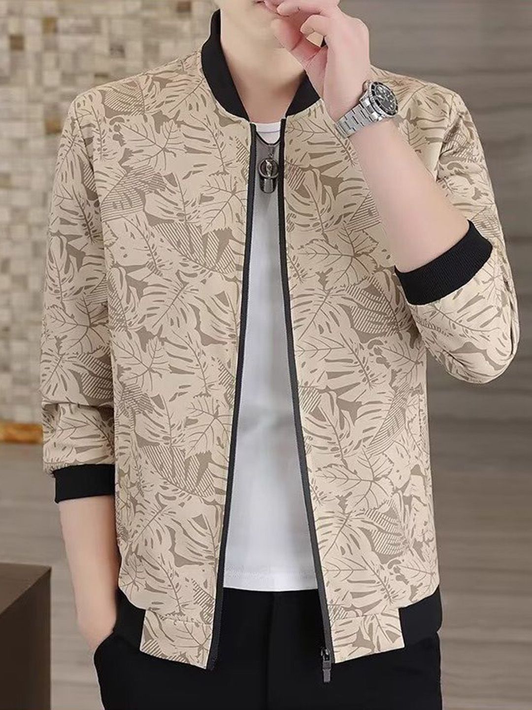 StyleCast x Revolte Men Mock Collar Floral Printed Windcheater Tailored Jacket