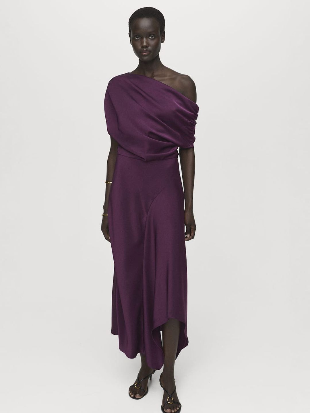 One Shoulder PU Coated Satin A-Line Maxi Dress