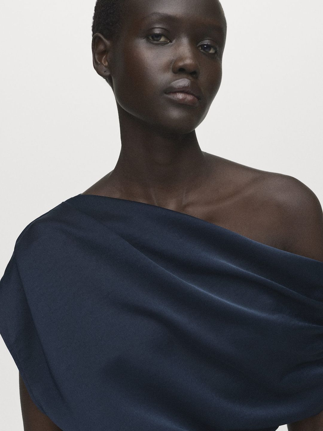 One Shoulder PU Coated Satin A-Line Maxi Dress with Asymmetric Hem