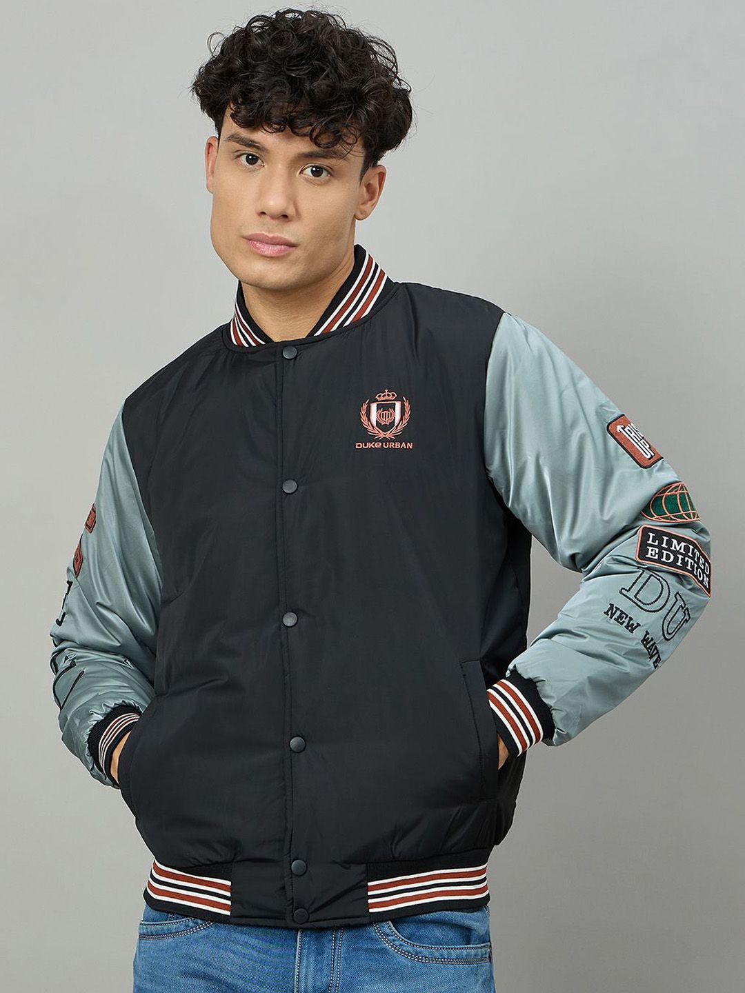Duke Men Stand Collar Typography Printed Bomber Jacket