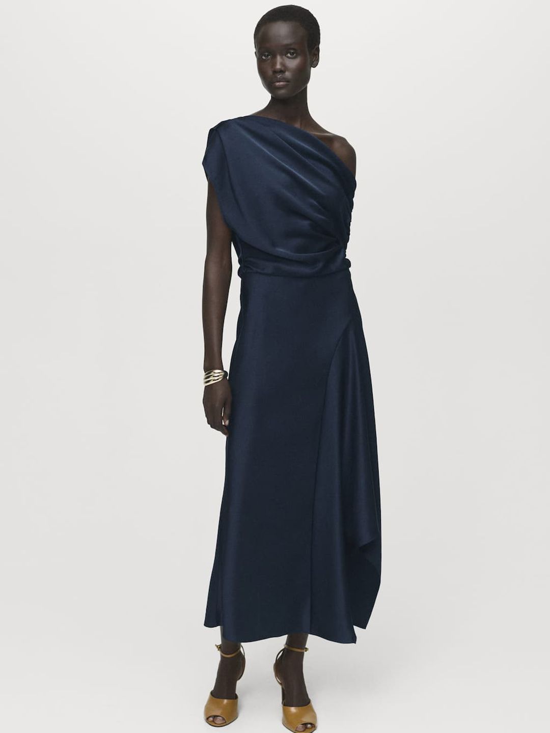 One Shoulder PU Coated Satin A-Line Maxi Dress with Asymmetric Hem