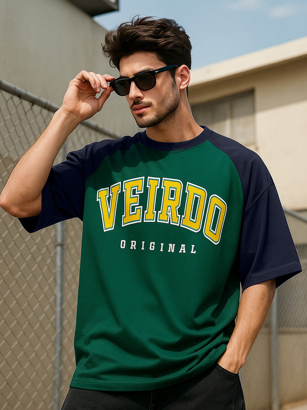 VEIRDO Men Typography Printed Round Neck Cotton Oversized T-shirt
