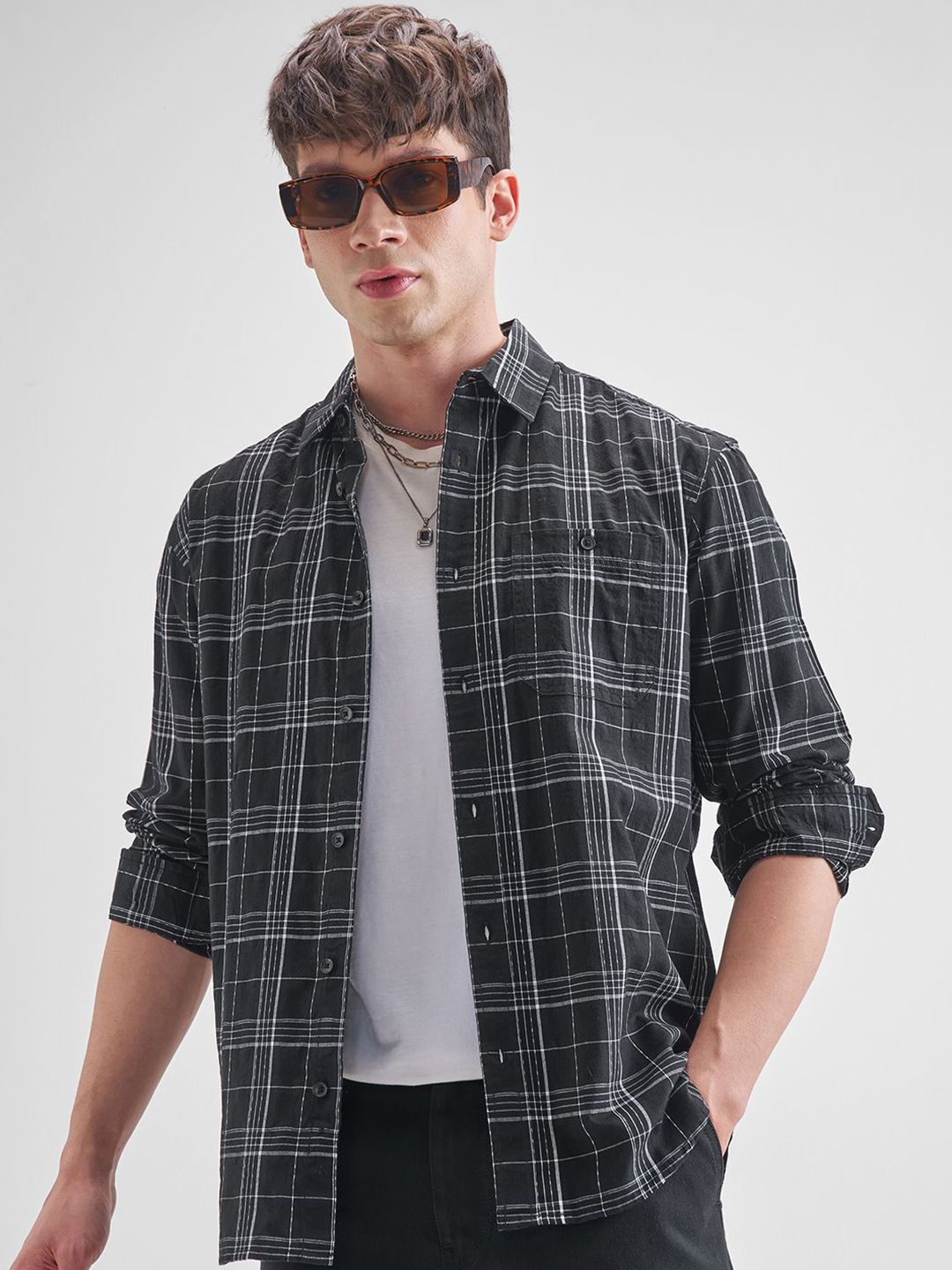 HIGHLANDER Men Relaxed Fit Tartan Checked Spread Collar Casual Shirt