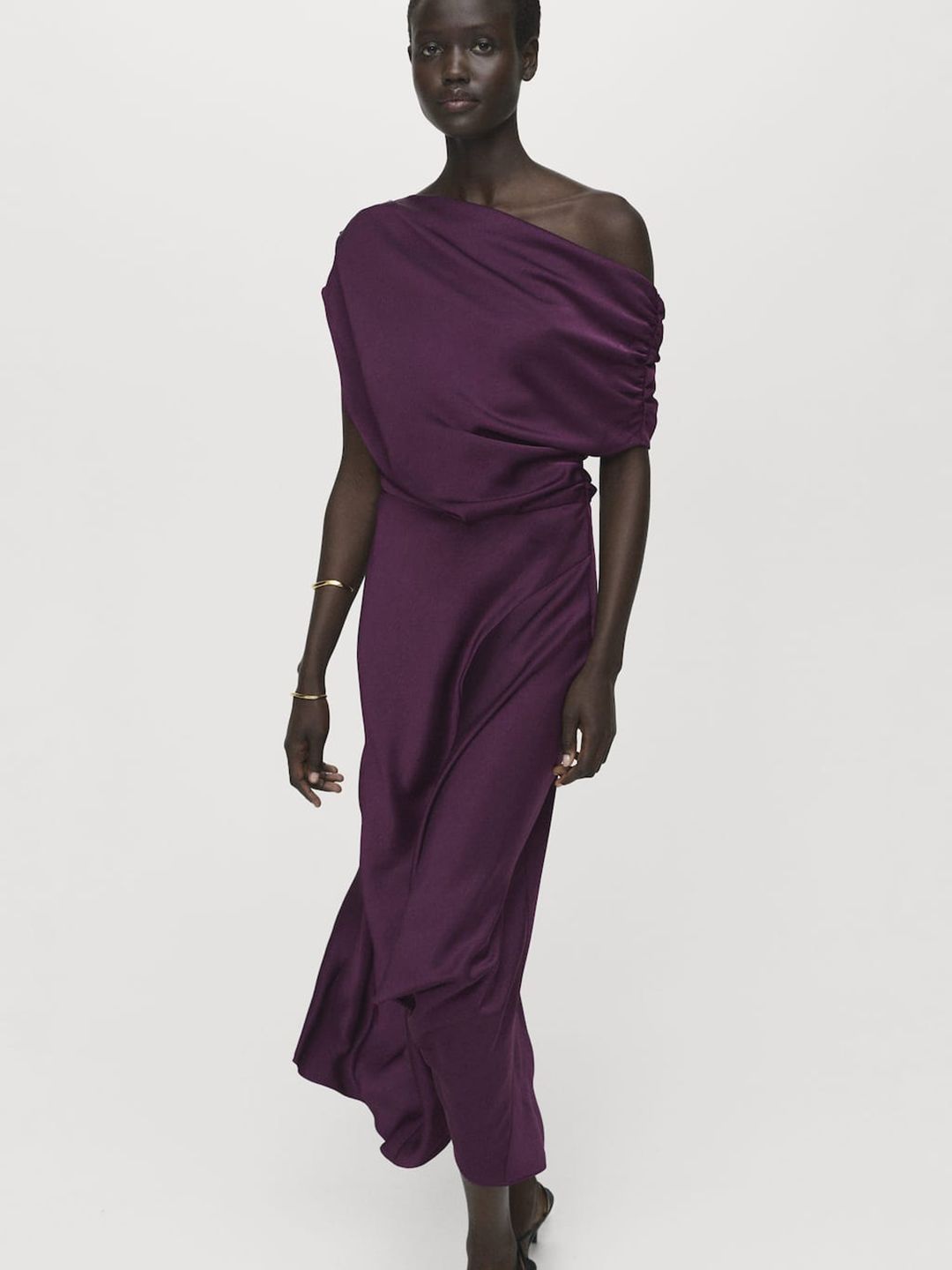 One Shoulder PU Coated Satin A-Line Maxi Dress