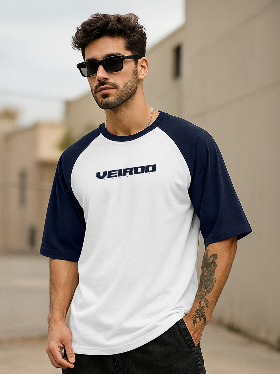 VEIRDO Men Typography Printed Pure Cotton Oversized T-shirt