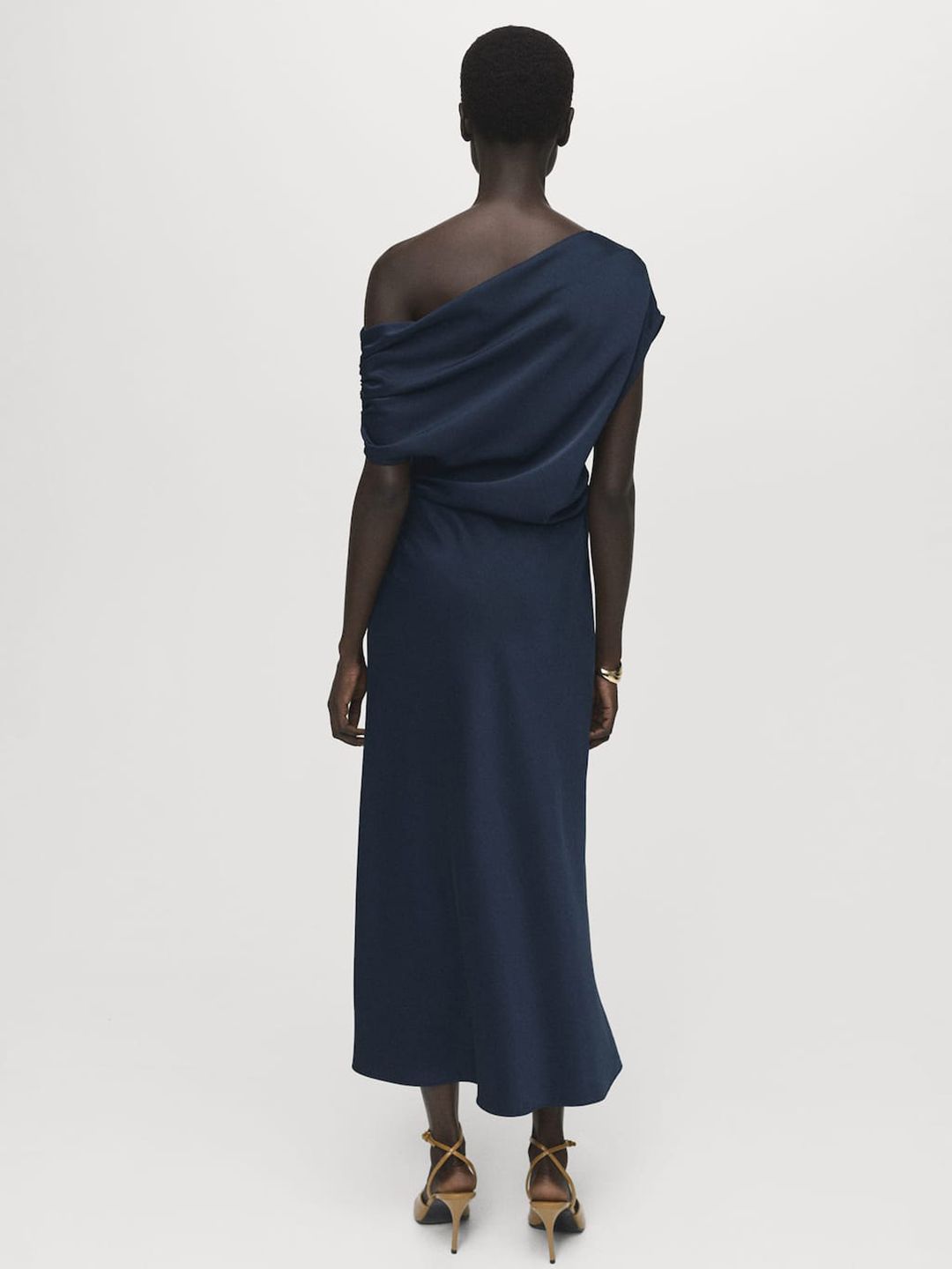One Shoulder PU Coated Satin A-Line Maxi Dress with Asymmetric Hem