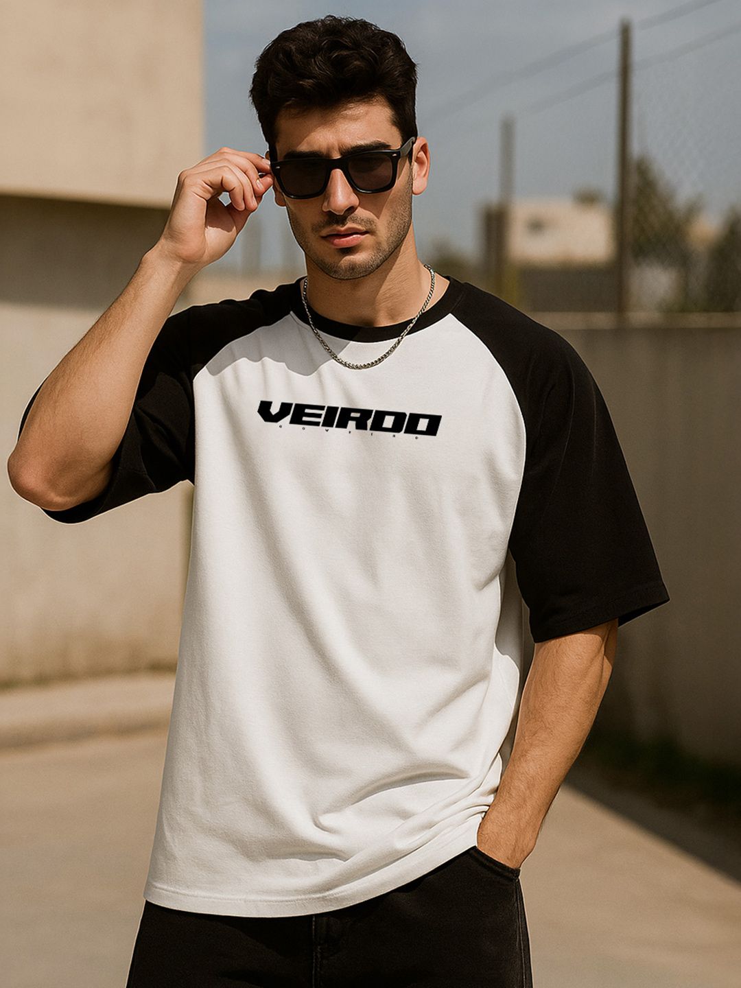 VEIRDO Men Typography Printed Raglan Sleeves Oversized Pure Cotton T-shirt