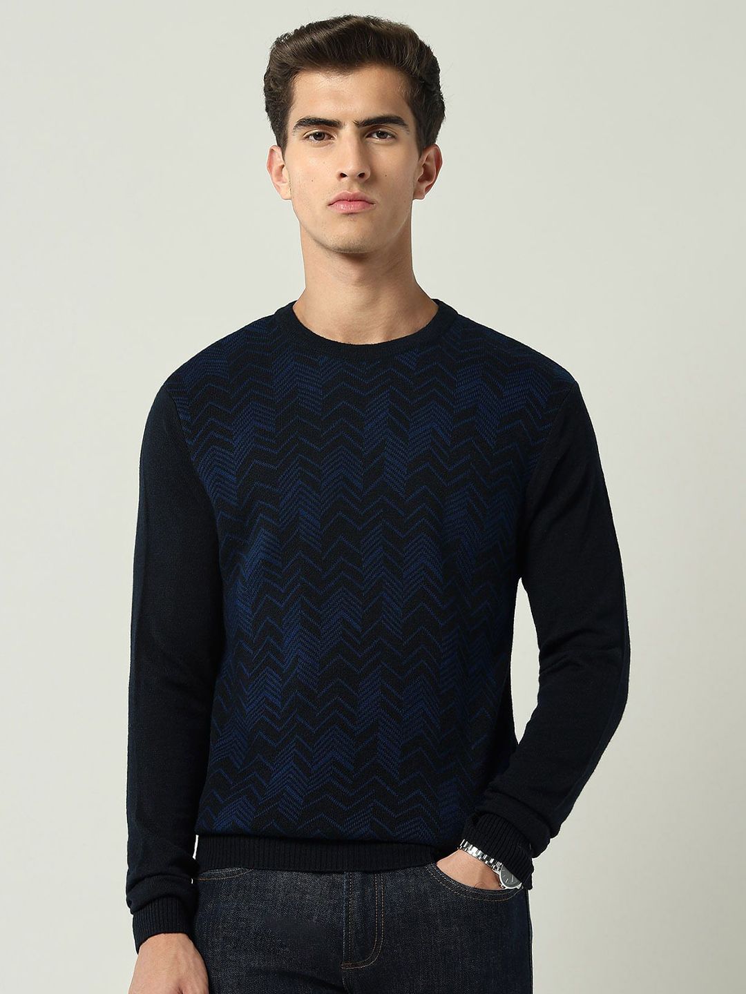 AD By Arvind Men Solid Self Design Round Neck Long Sleeves Pullover