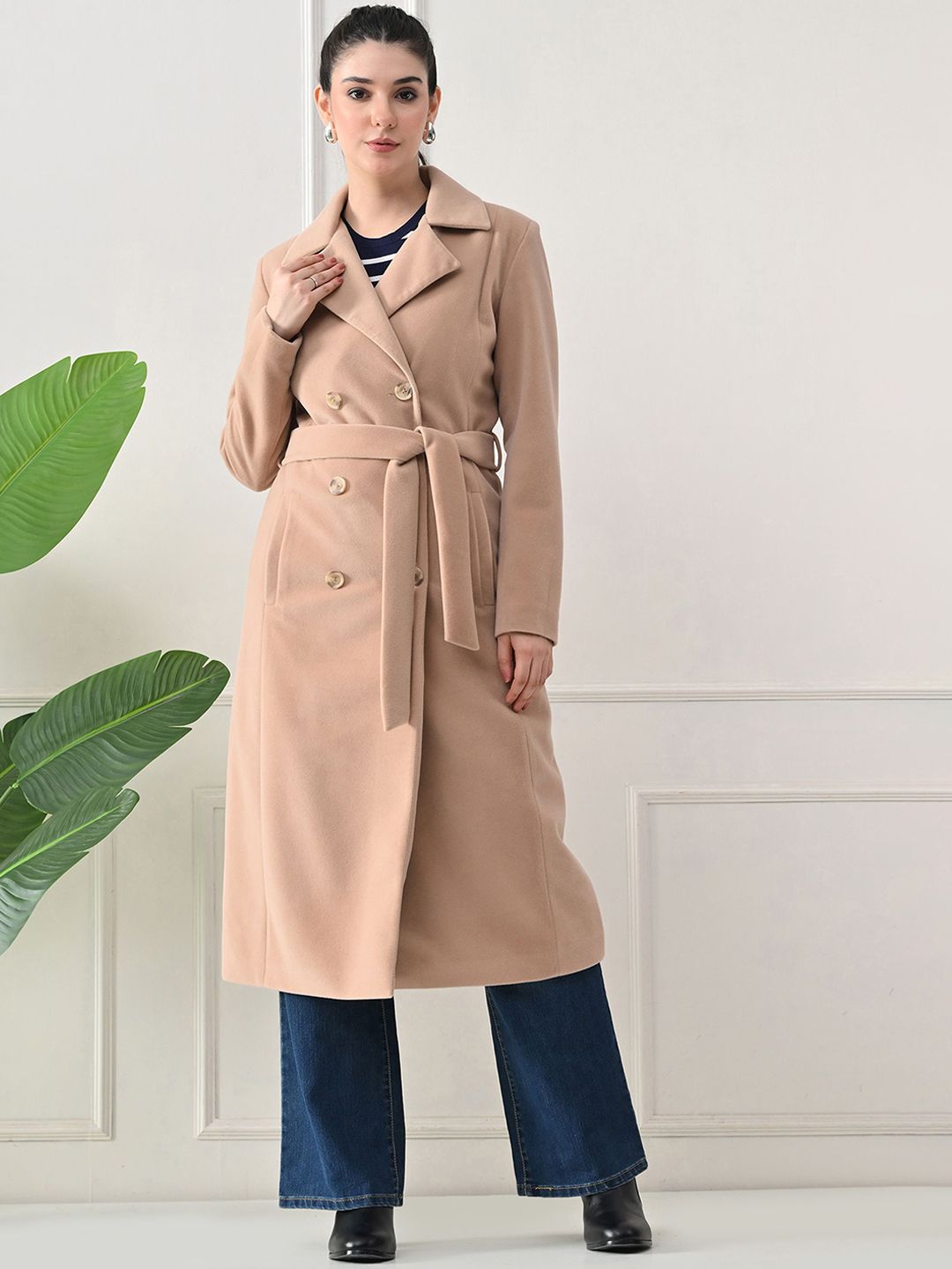 Buy TBOJ Women Belted Notched Lapel Double-Breasted Woolen