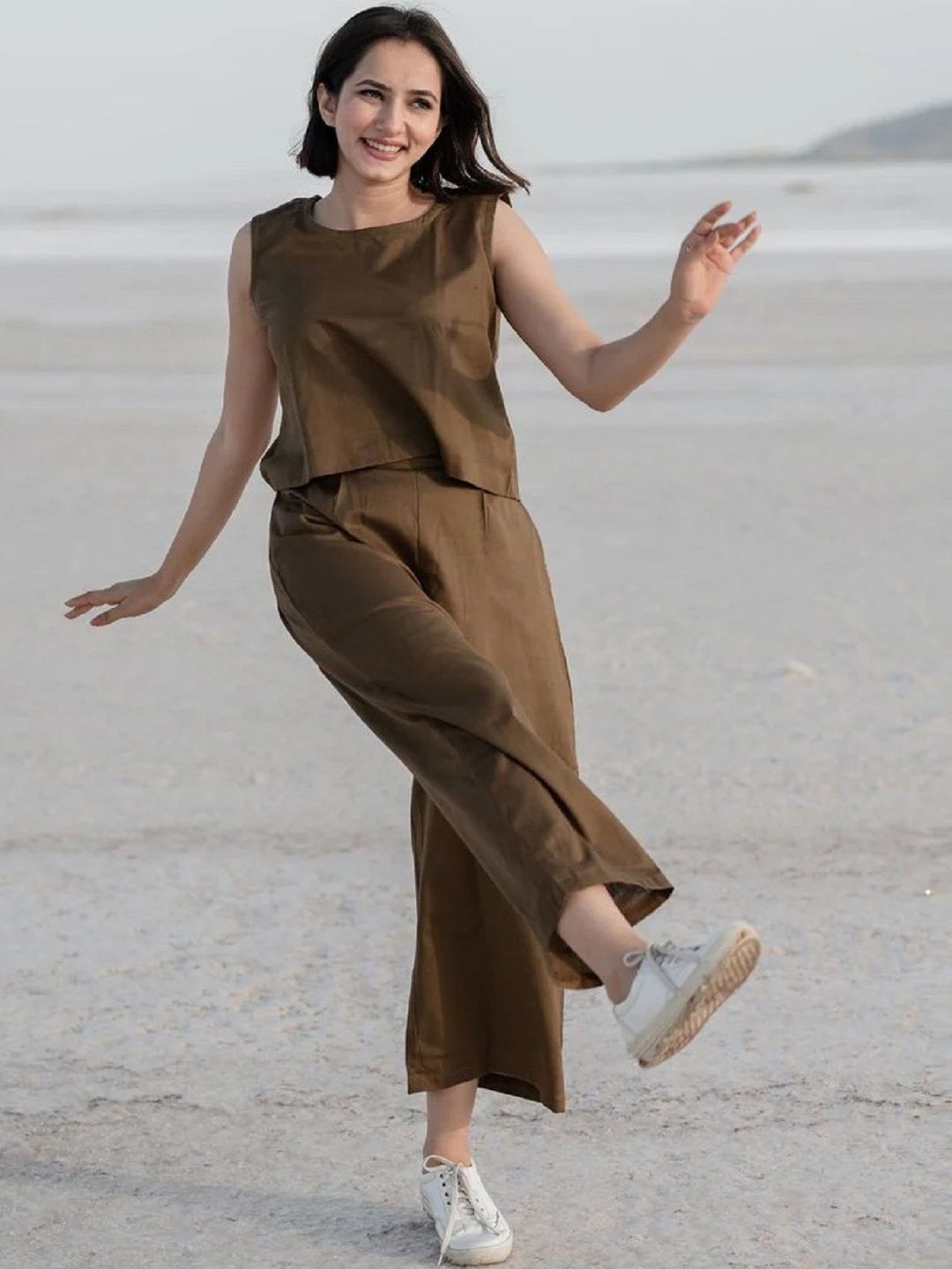 HERE&NOW Women Cotton Blend Round Neck Top With Trousers Co-Ords