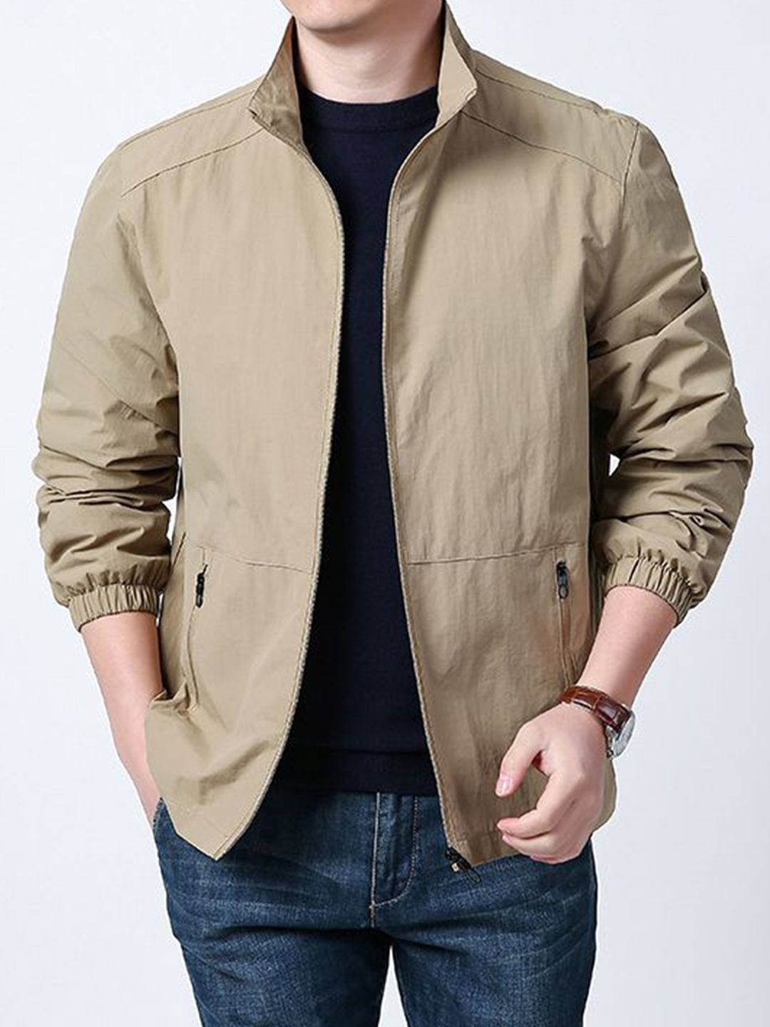 StyleCast x Revolte Men Stand Collar Solid Biker Jacket