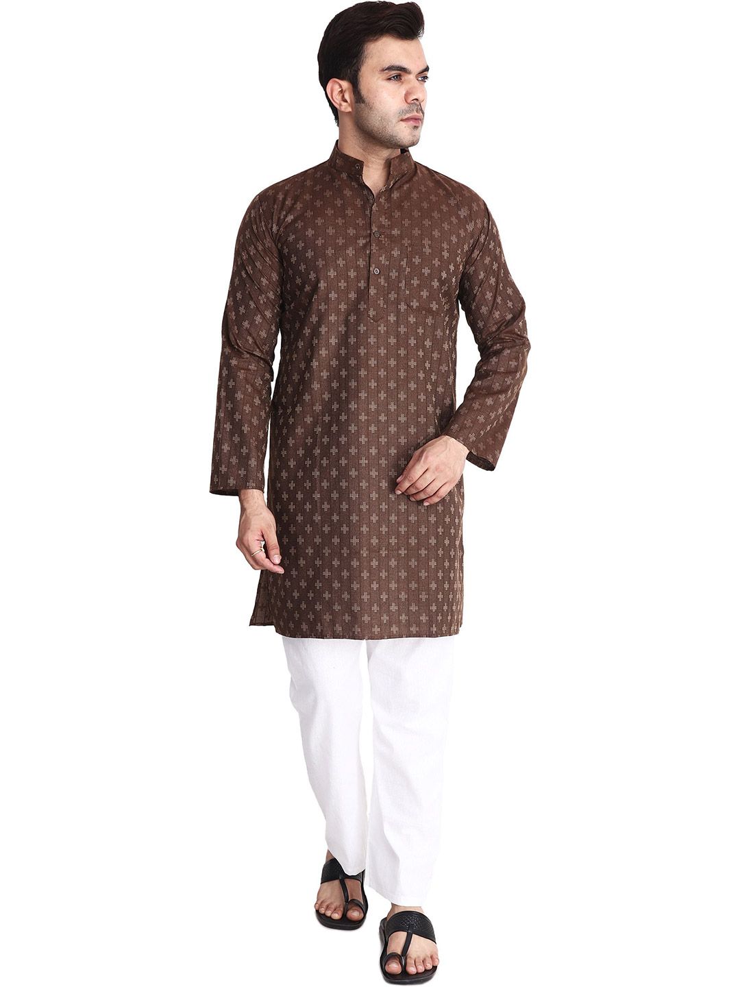 Aaryavar Geometric Woven Design Mandarin Collar Thread Work Cotton Straight Kurta