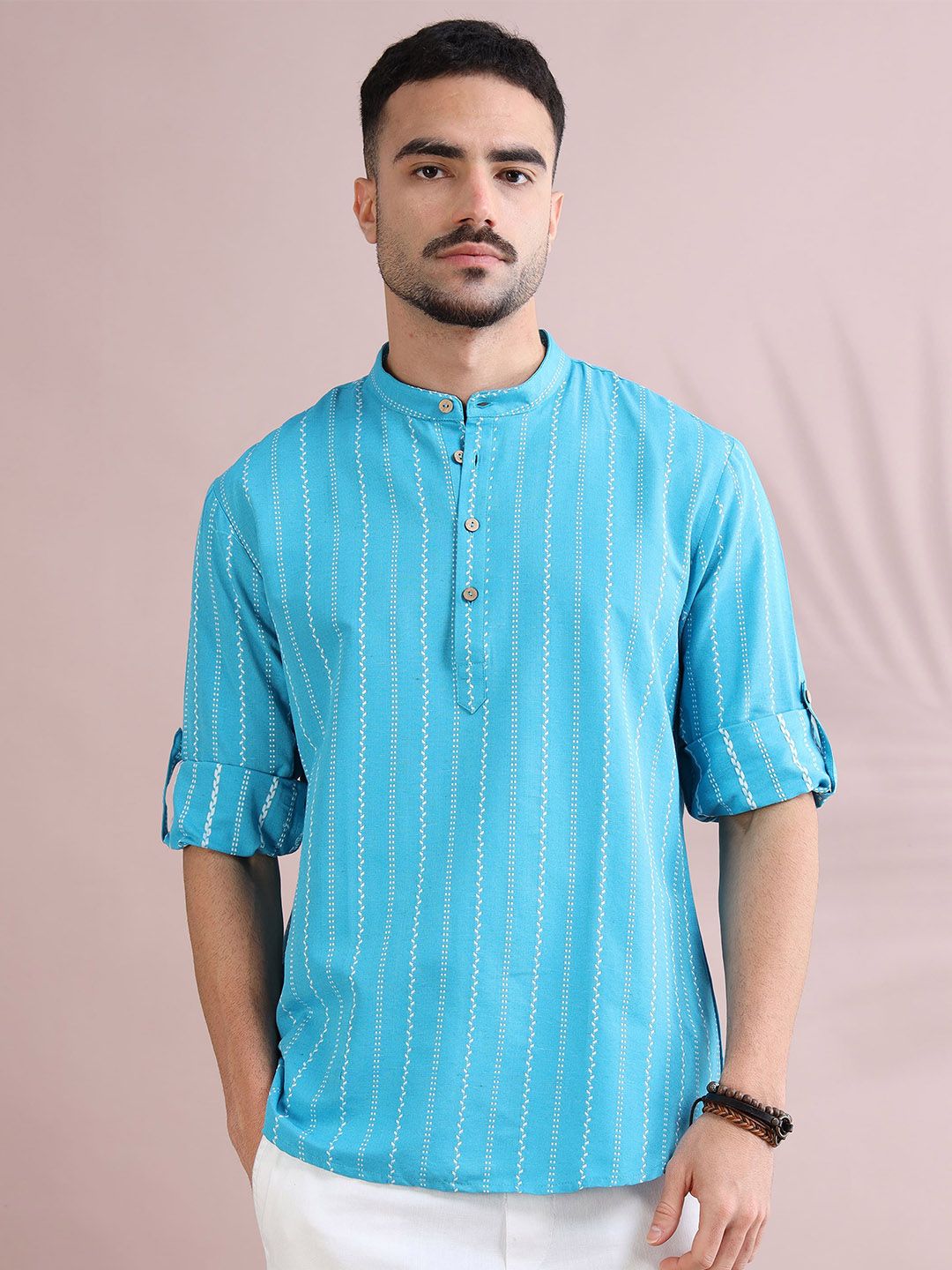 FILORI STUDIO Striped Mandarin Collar Thread Work Pure Cotton Straight Kurta
