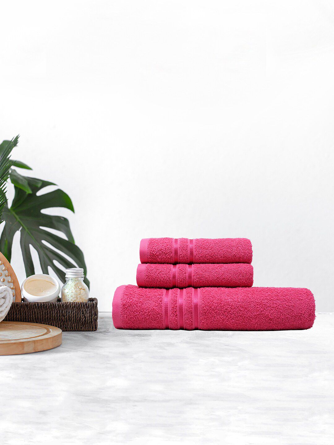 Trident Set Of 3 Pink Solid 380GSM Pure Cotton Towel Set Price in India