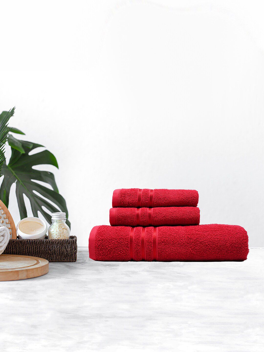 Trident Set of 3 Red Solid 380 GSM Pure Cotton Towel Set Price in India