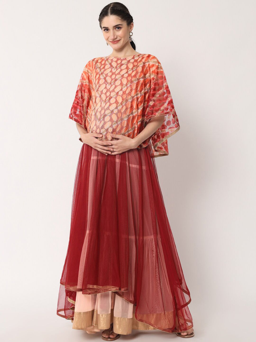 Aujjessa Women Peach & Maroon Layered Net Maternity Ethnic Dress Price in India