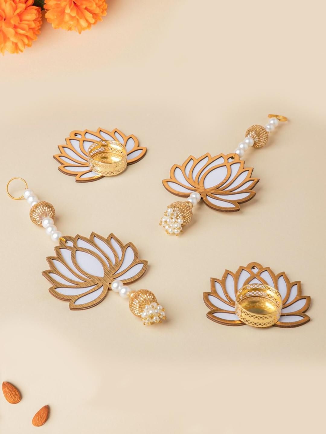 Nestasia Set Of 4 White and Gold Lotus Festive Decor Price in India