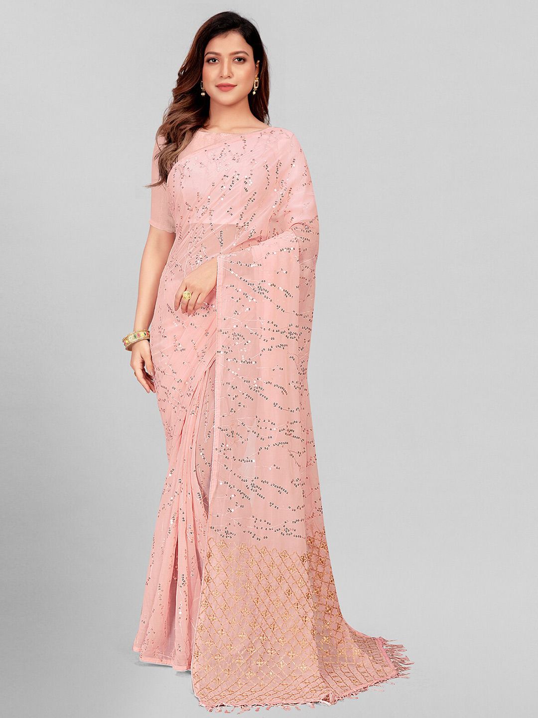 Mitera Peach-Coloured & Gold-Toned Embellished Sequinned Pure Georgette Saree Price in India