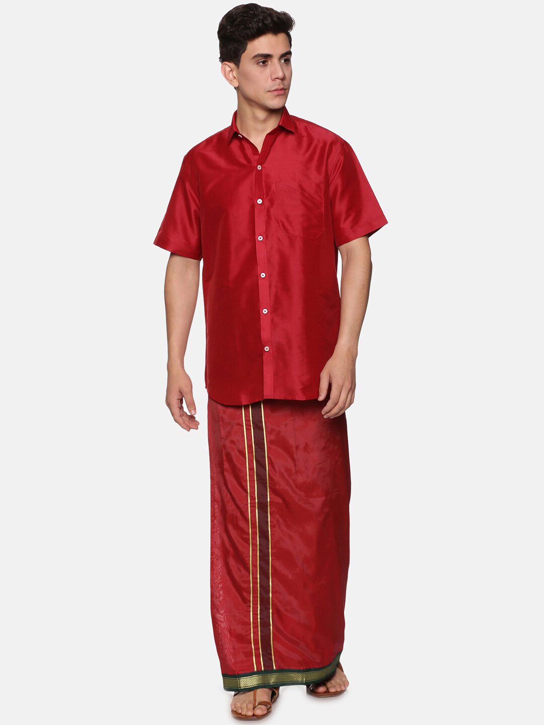 Sethukrishna Men Maroon & Gold-Toned Shirt with Dhoti Pants