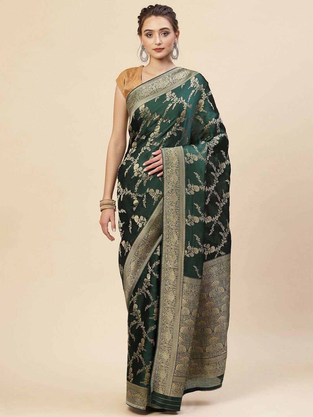 Meena Bazaar Green & Gold-Toned Woven Design Zari Satin Saree Price in India