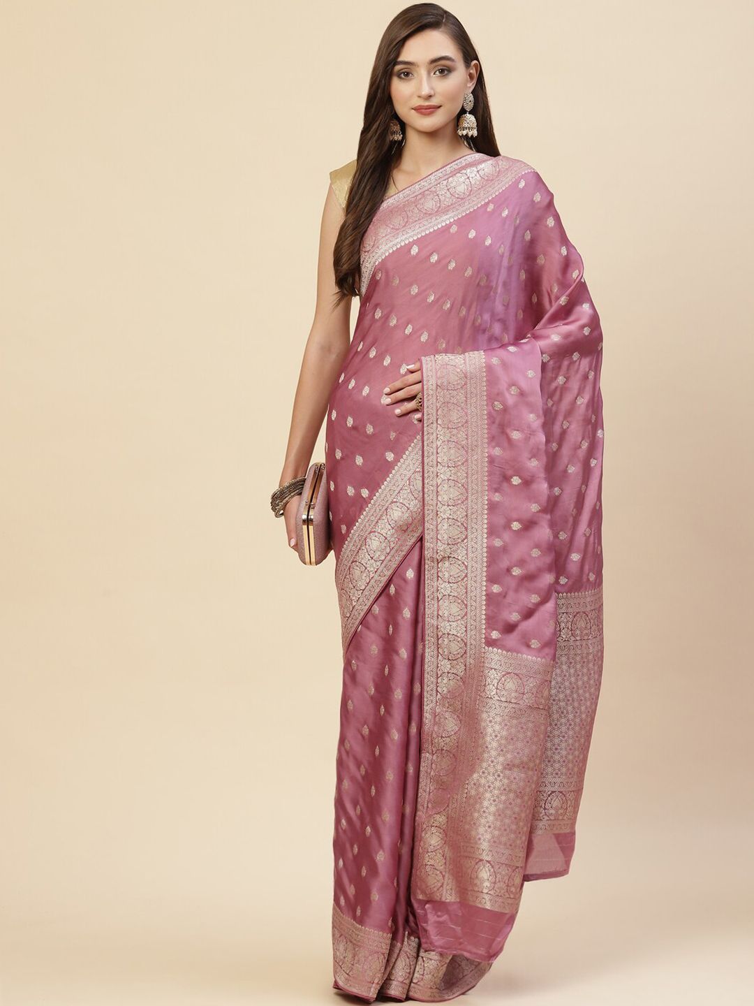 Meena Bazaar Purple & Gold-Toned Woven Design Zari Satin Saree Price in India