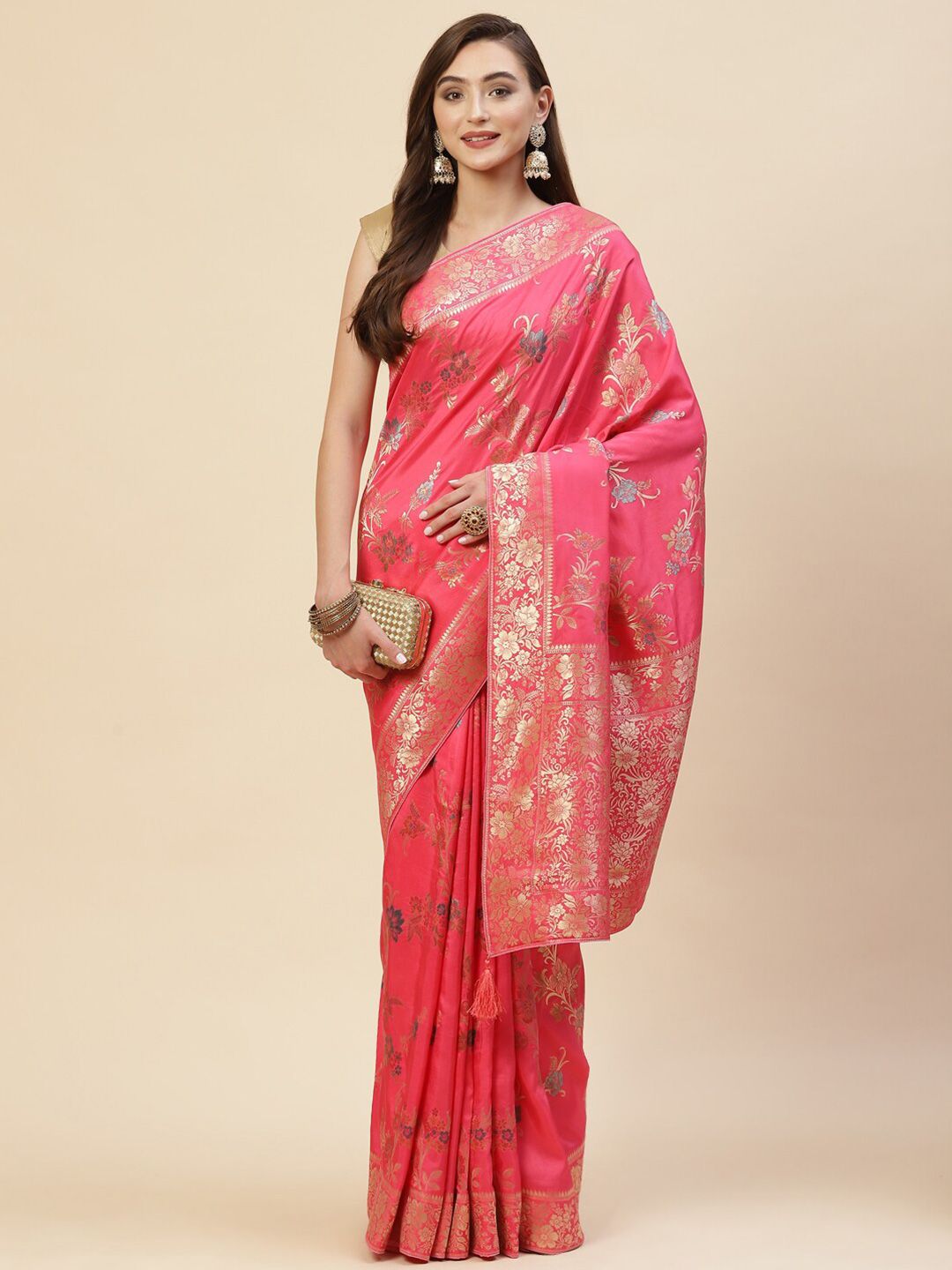 Meena Bazaar Pink & Gold-Toned Ethnic Motifs Zari Art Silk Saree Price in India
