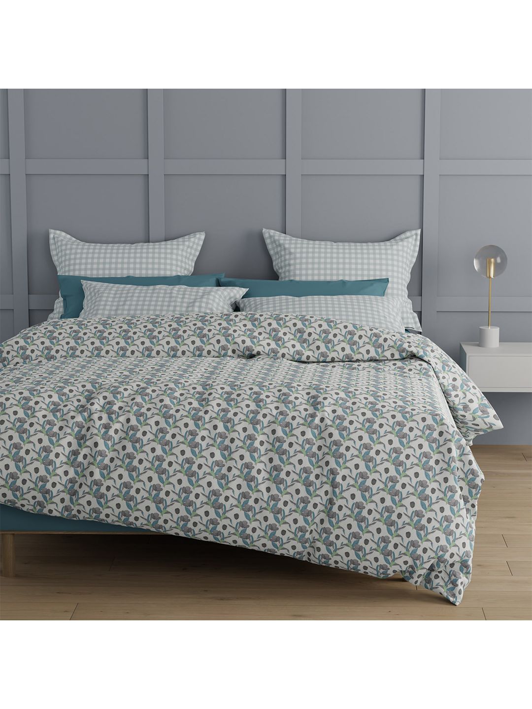 Trident Grey & Green Floral 144 TC Cotton  King Bedsheet with 2 Pillow Covers Price in India