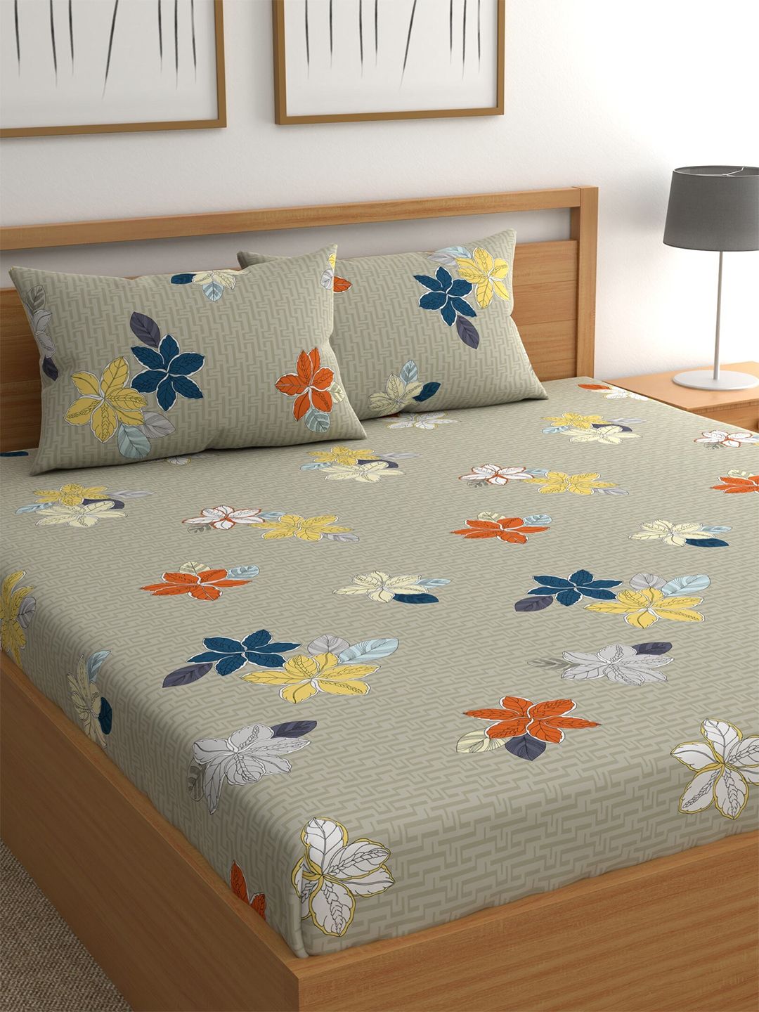 CHHAVI INDIA Grey & Yellow Floral 210 TC Queen Bedsheet with 2 Pillow Covers Price in India
