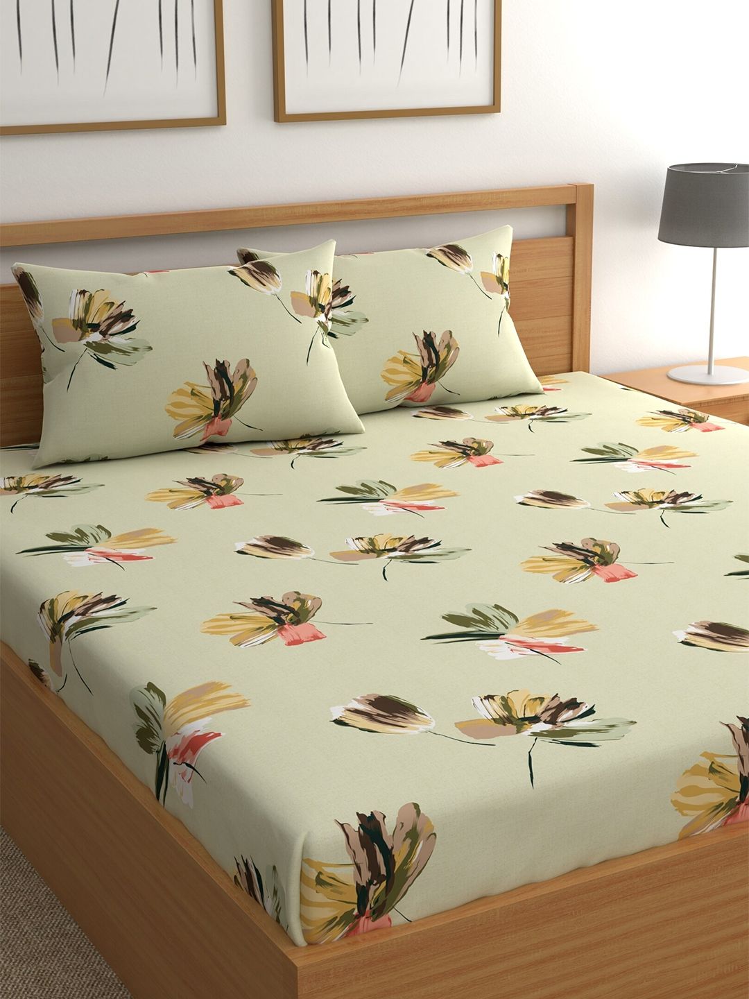 CHHAVI INDIA Sea Green & Pink Floral 210 TC Queen Bedsheet with 2 Pillow Covers Price in India