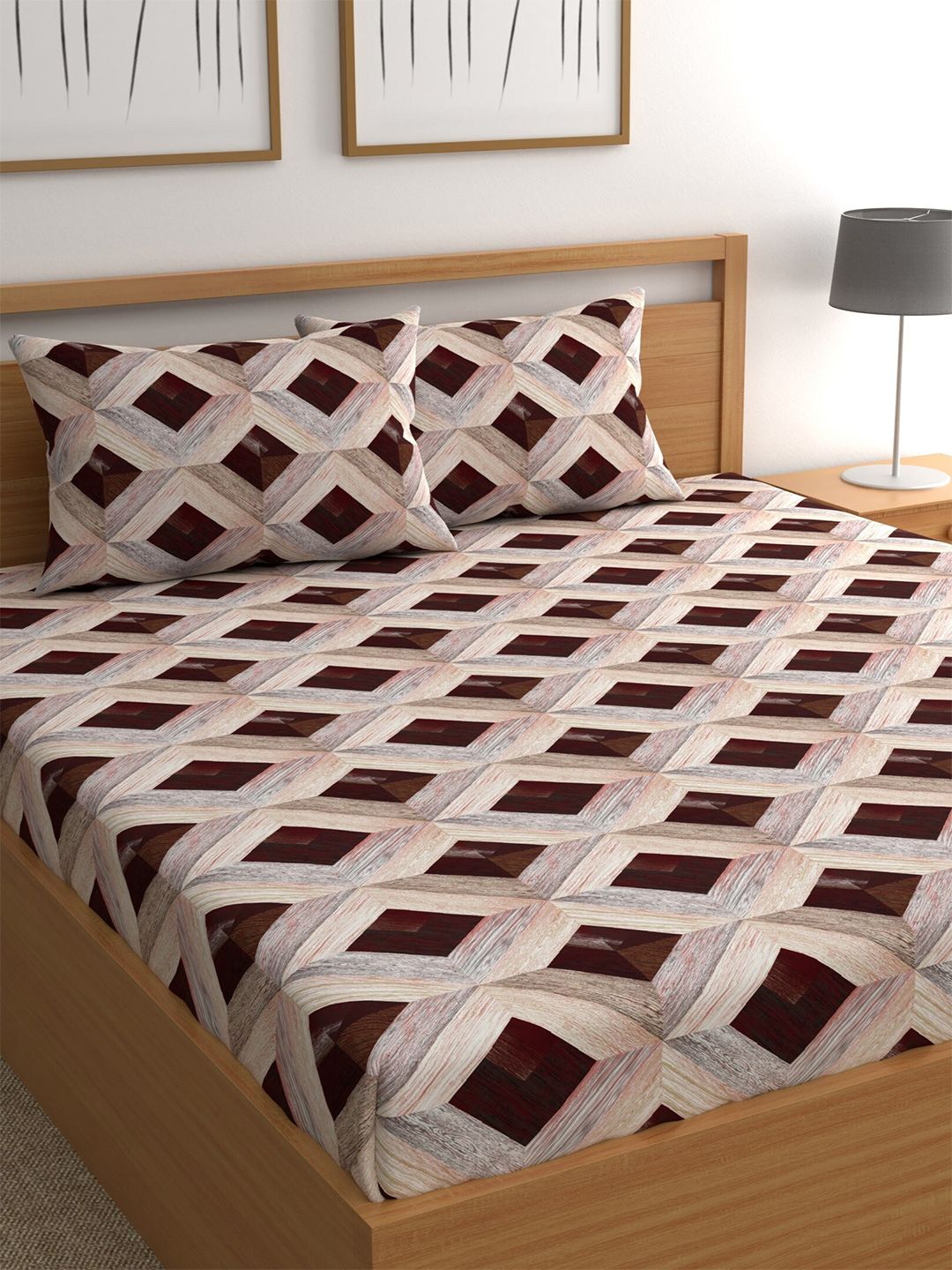 CHHAVI INDIA Brown & Beige Geometric 210 TC Queen Bedsheet with 2 Pillow Covers Price in India
