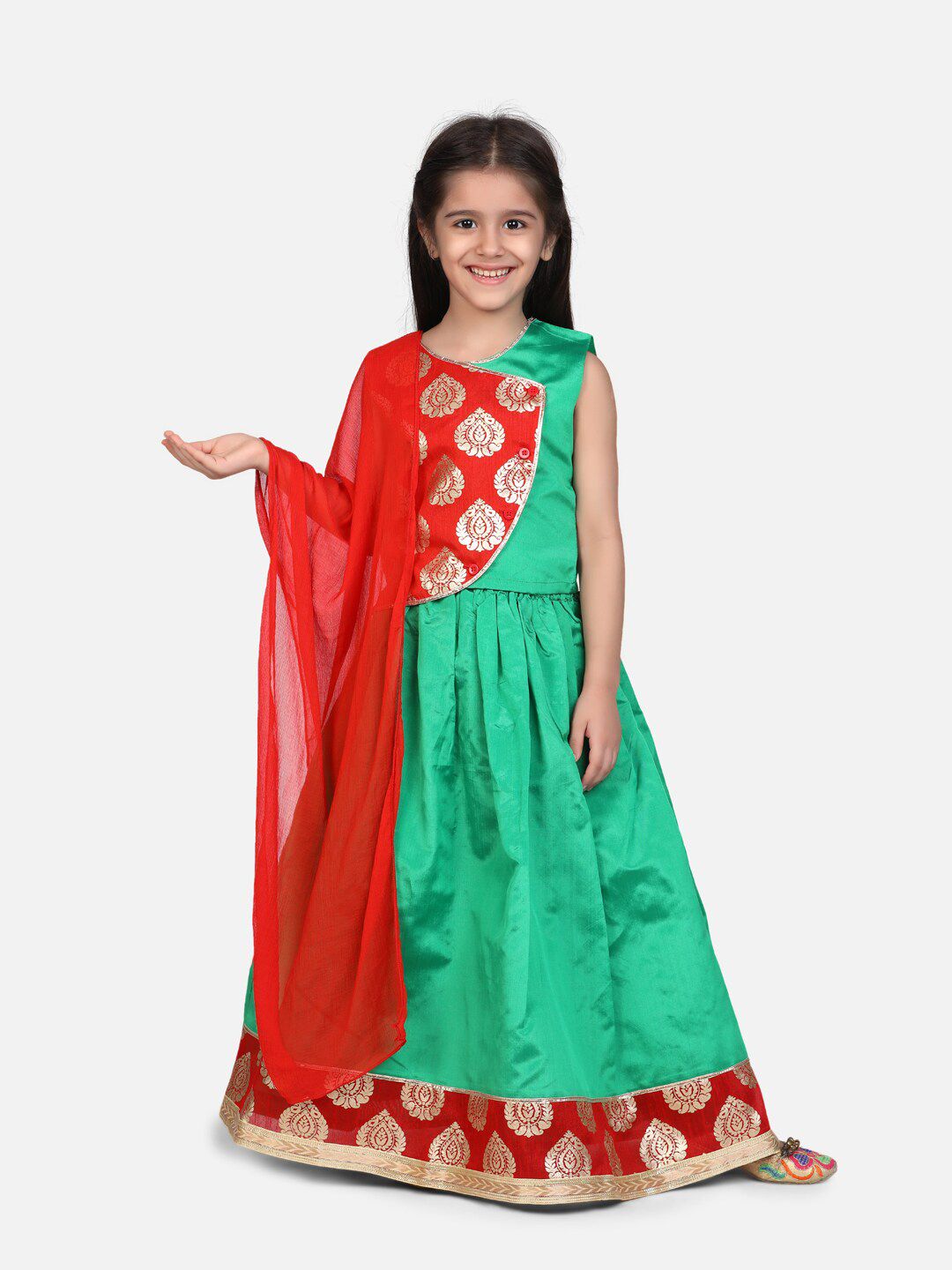 BownBee Girls Green & Red Printed Ready to Wear Lehenga & Blouse With Dupatta