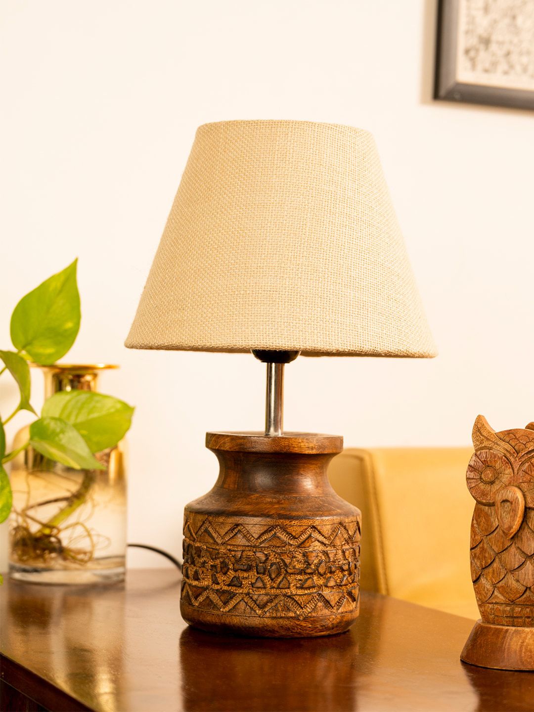 green girgit White & Brown Wooden Carved Lamp with Shade Price in India