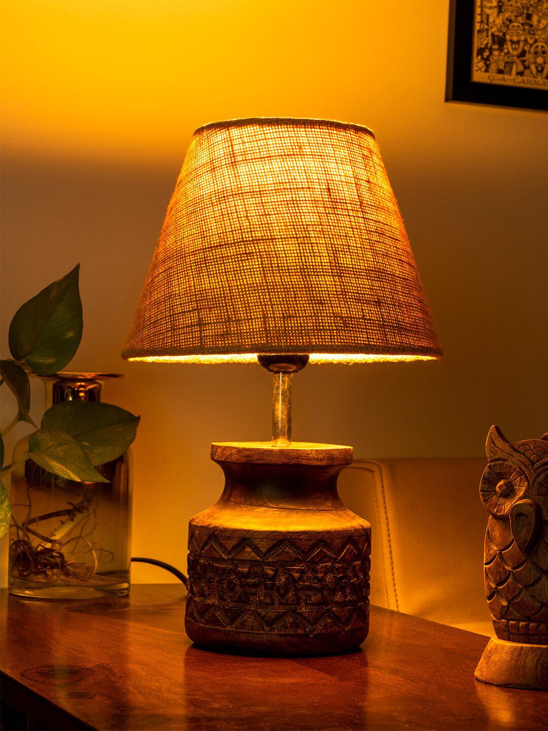 green girgit Brown Wooden Carved Lamp with Jute Shade Price in India