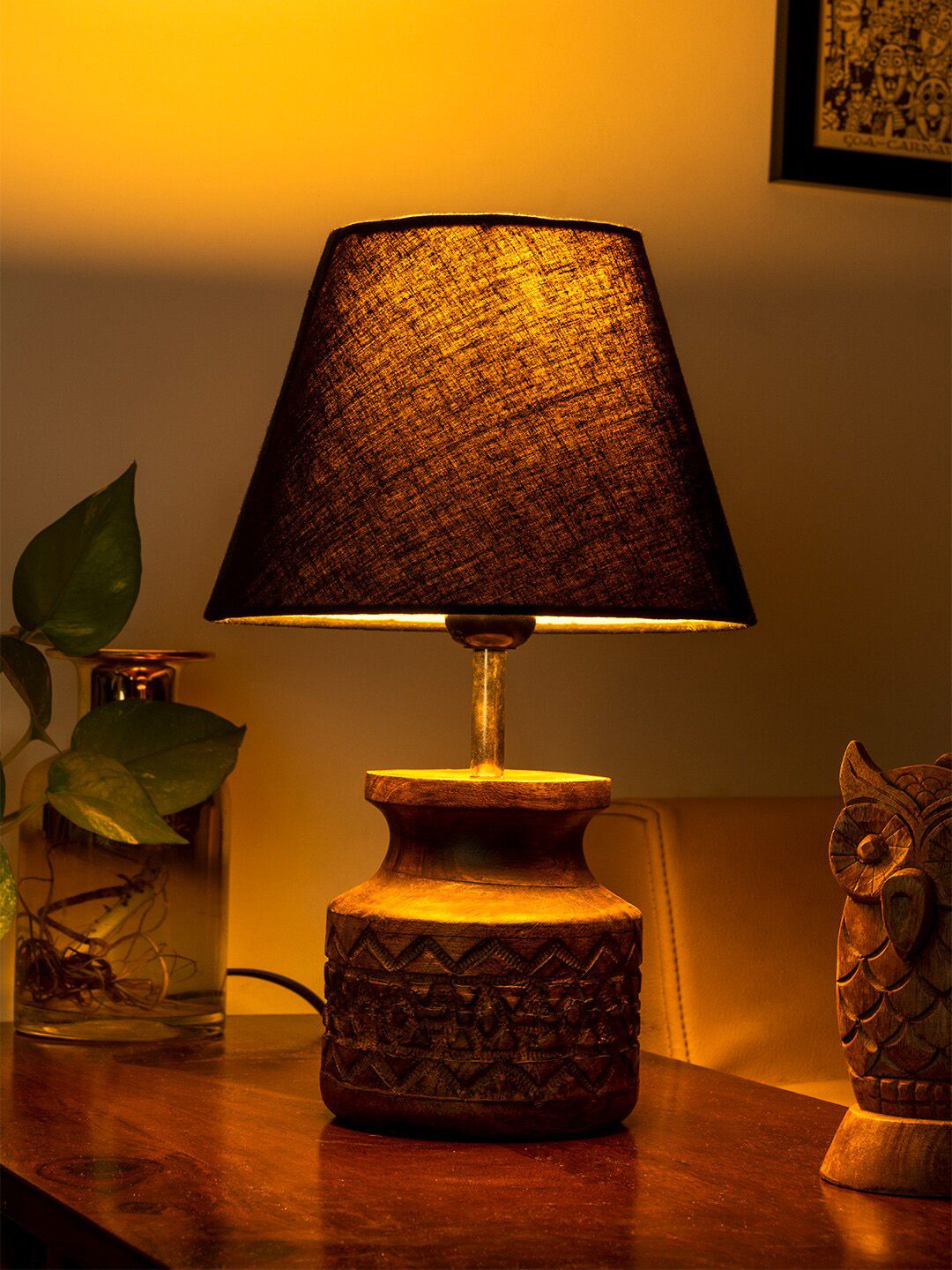 green girgit Black Wooden Carved Lamp with Taper Cotton Black Shade Price in India