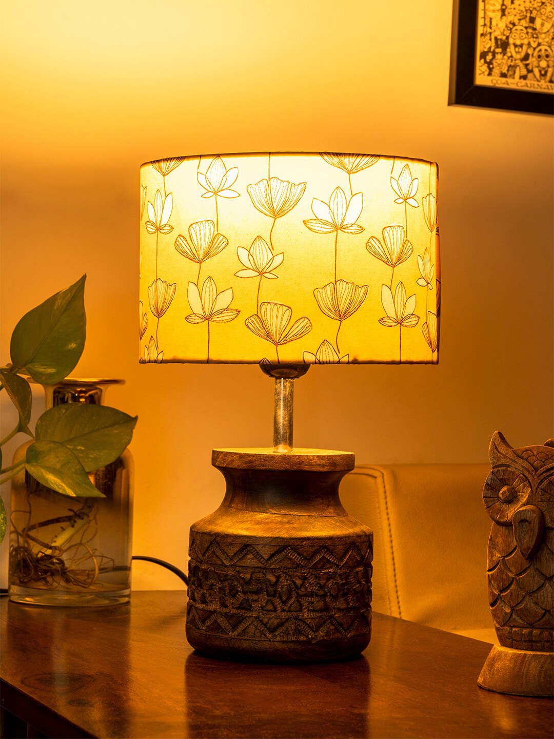 green girgit Mustard Yellow & Brown Wooden Carved Lamp with Floral Print Shade Price in India